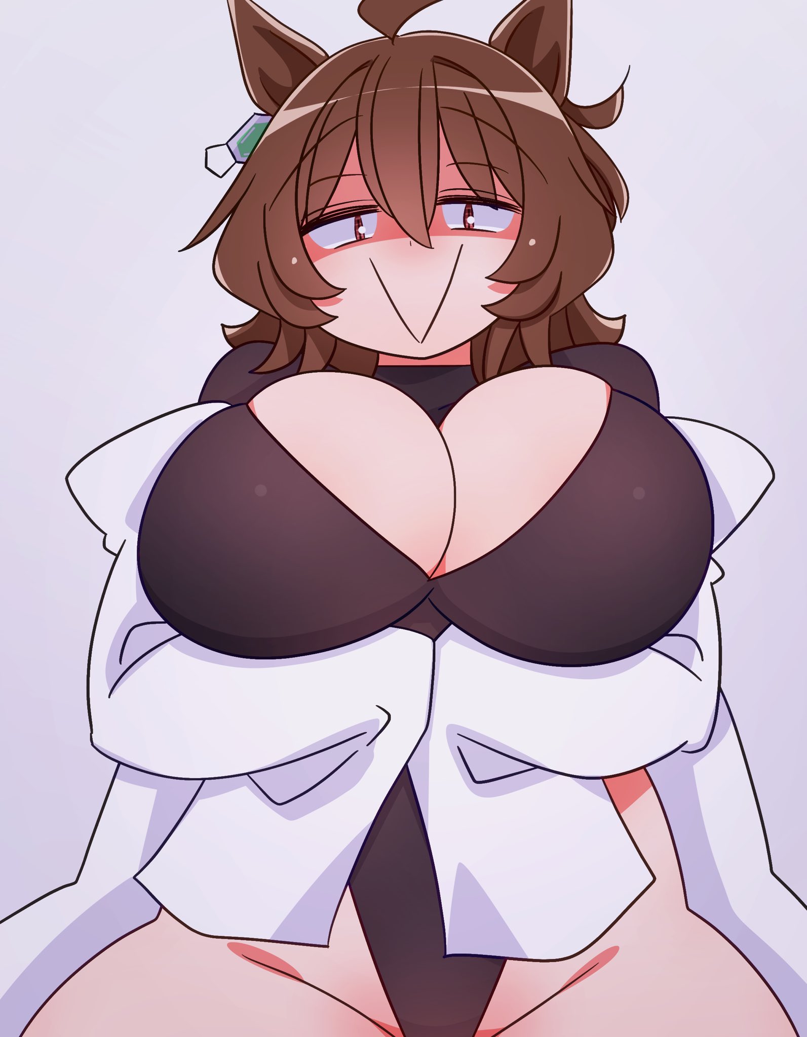 , :>, 1girls, 2026, 2d, 2d (artwork), agnes tachyon (umamusume), animal ears, bare legs, big breasts, breasts, brown hair, closed mouth, color, colored, cygames, digital media (artwork), female, female only, front view, hi res, huge breasts, kaijin debeso, light skin, light-skinned female, looking at viewer, mouth closed, open eyes, partially clothed, red eyes, simple background, smile, smile at viewer, smiley face, solo, umamusume, umamusume pretty derby, upper body, white background