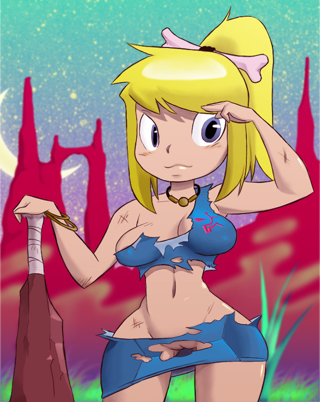 1girls bare_midriff belly_button big-e6 blonde_hair cavewoman exposed_pussy female female_only human metroid nintendo pussy samus_aran solo solo_female tagme thick thigh_gap zero_suit