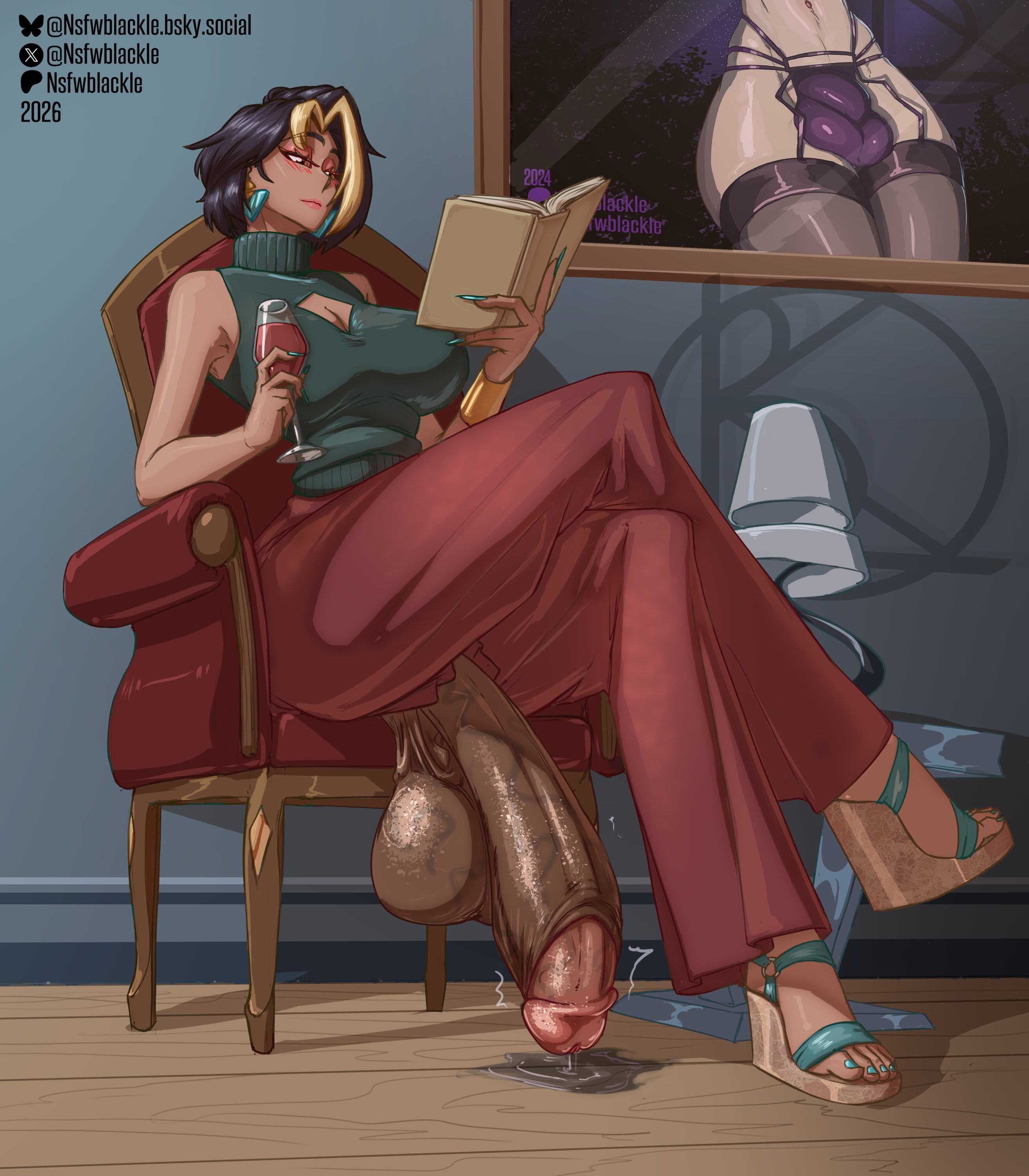 1futa, 2d, dark skin, dark-skinned futa, digital media (artwork), domina, dripping precum, futa only, futanari, hanging balls, hanging penis, huge balls, huge cock, massive balls, massive penis, monster cock, nsfwblackle, overwatch, overwatch 2, penis, penis out, poney, reading book, retracted foreskin, sitting, solo, solo futa, throbbing penis, vaira singhania, veiny balls, veiny penis, wine glass