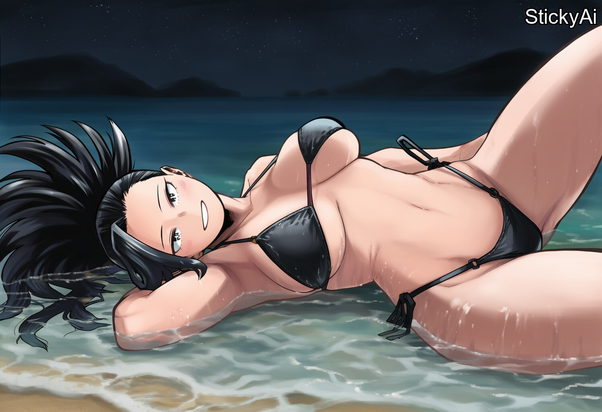 1girls, ai generated, beach, big breasts, bikini, bikini bottom, bikini top, black bikini, black hair, black-haired female, boku no hero academia, fit, fit female, heroine, hourglass figure, in water, laying in water, long hair, looking at viewer, lying on back, manga style, momo yaoyorozu, my hero academia, night, night sky, ponytail, posing, posing for the viewer, shore, shoreline, stickyai, wet, wet hair, yaoyorozu momo