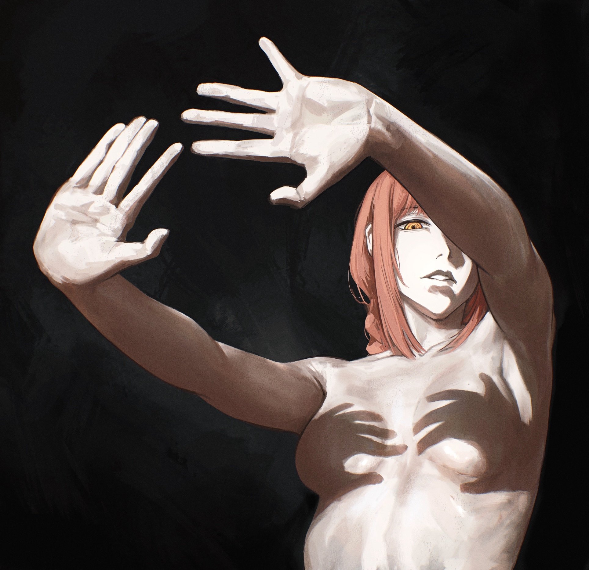 1girls, arms extended, artistic nude, breasts, chainsaw man, covering breasts, extended arms, featureless breasts, female, female only, hands casting shadow, looking at viewer, makima (chainsaw man), no nipples, painting (artwork), red hair, small breasts, solo, solo female, tagme, tarinne
