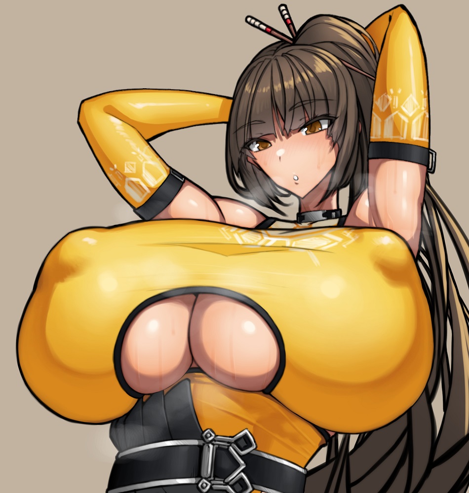 1girls, arms up, breasts, brown eyes, brown hair, china dress, chinese clothes, covered nipples, detached sleeves, female, female only, hair stick, huge breasts, last origin, light skin, light-skinned female, long hair, nipple bulge, ponytail, solo, tied hair, tiequan (last origin), underboob, visible breath, wolffeld price