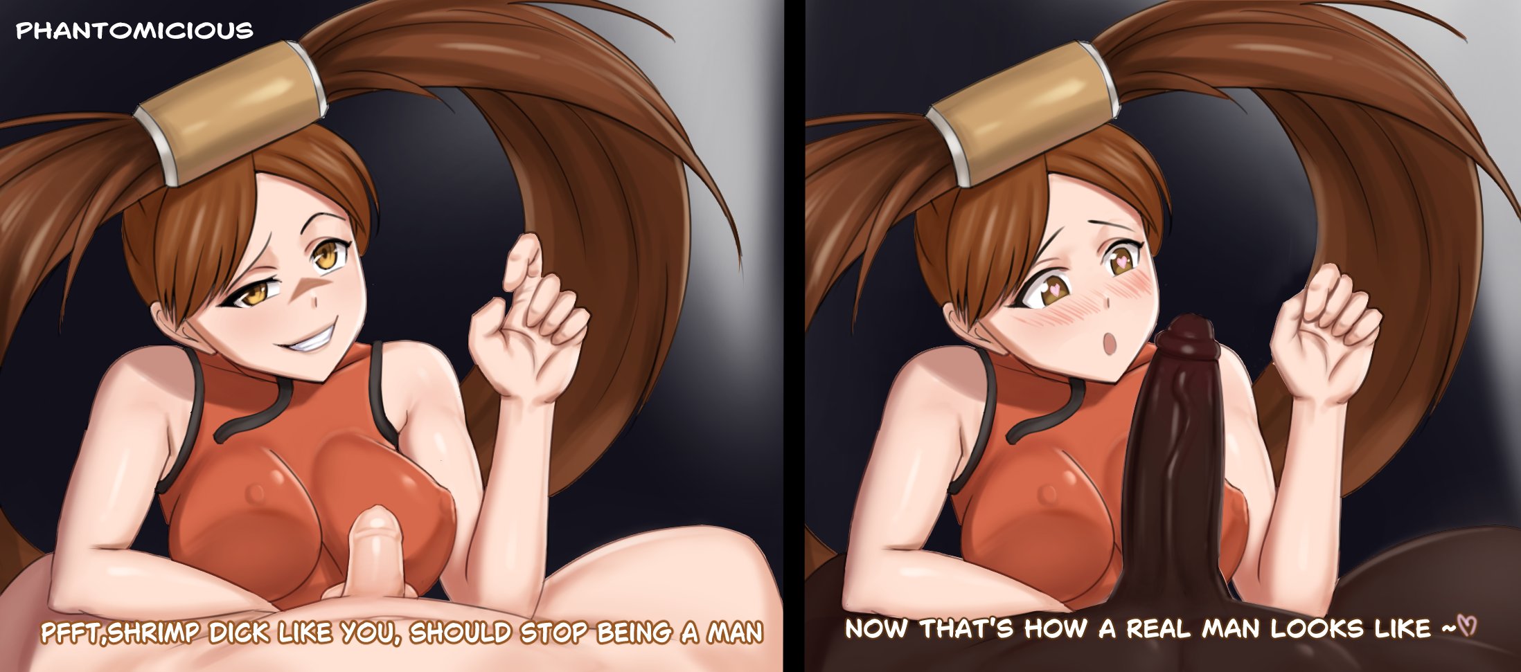 1boy, 2boys, 2koma, arc system works, artist name, bare shoulders, big penis, big penis adoration, blush, breasts, brown eyes, brown hair, dark skin, dark-skinned male, english text, guilty gear, guilty gear xrd, heart-shaped pupils, interracial, kuradoberi jam, light skin, light-skinned female, light-skinned male, looking at penis, male pov, mocking, nipple bulge, penis, penis awe, penis size difference, phantomicious, pov, small penis, small penis humiliation, symbol-shaped pupils, text, trash talk