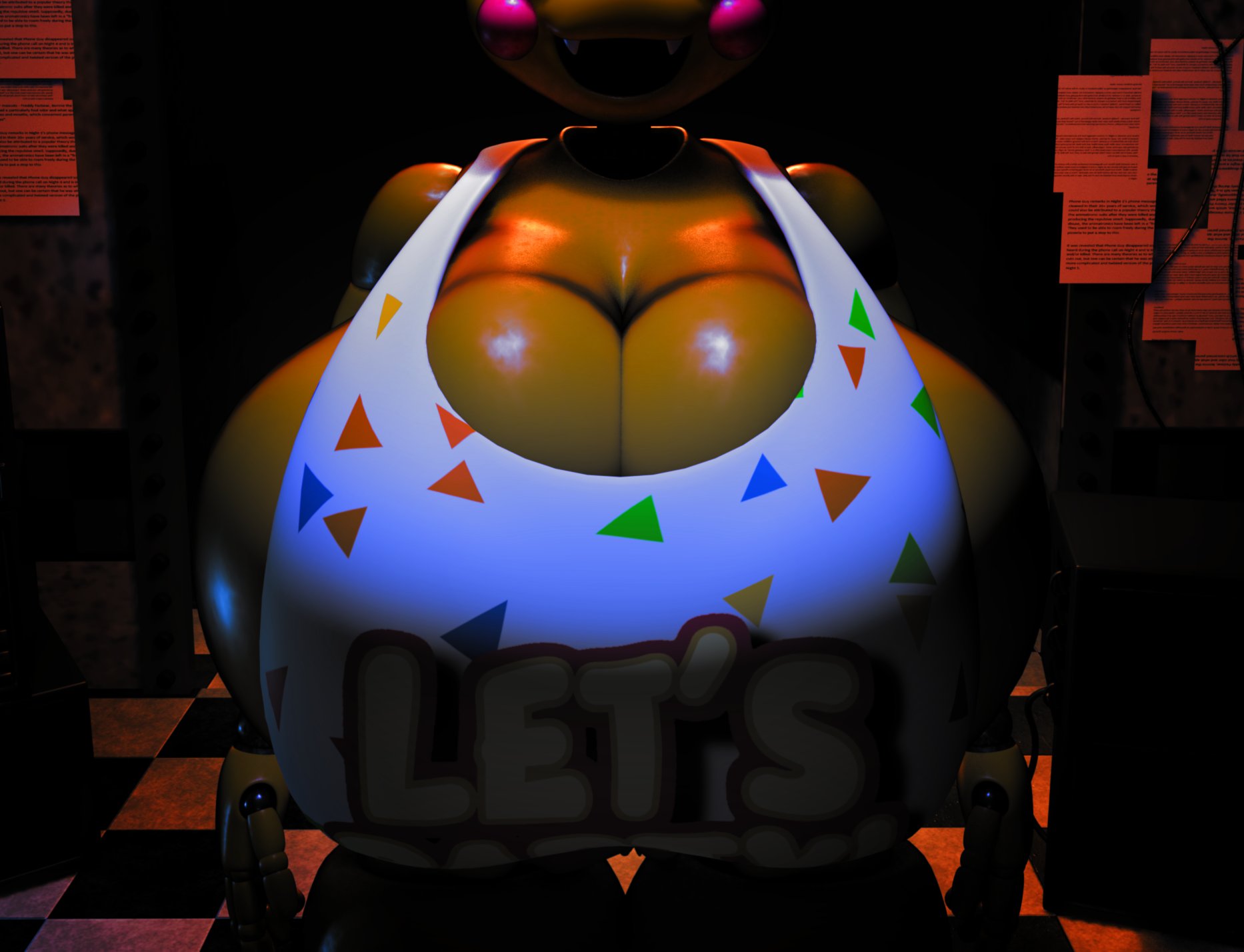 3d, 3d (artwork), 3d model, animatronic, animatronic female, beakless, big breasts, breasts bigger than head, chicken, chicken girl, female, five nights at freddy's, five nights at freddy's 2, fnaf, fnaf2 location, phasianid, robot, robot girl, scottgames, solo, stickynotess, toy chica (fnaf), toy chica (octal), yellow, yellow skin