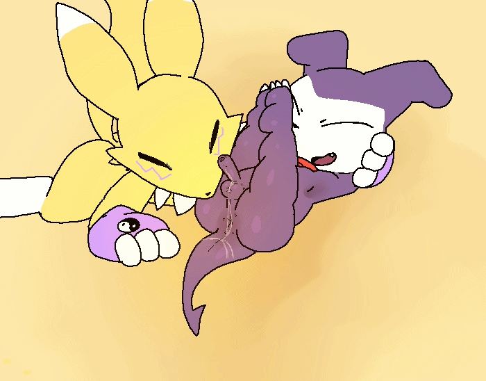 1boy, 1boy1ambiguous, after fellatio, after oral, age difference, ambiguous gender, animated, anthro, anthro only, anus, balls, ballsack, cum, cumming, cumshot, digimon, digimon (species), dominant, dominant male, fellatio, furry, furry only, gif, impmon, larger ambiguous, legs up, male, male/ambiguous, micropenis, neck tuft, oral, penis, pixel animation, pixel art, purple body, purple skin, renamon, sex, short playtime, shorter than 10 seconds, simple background, size difference, small balls, small penis, small testicles, smaller male, submissive, submissive ambiguous, watermelon (artist), white body, white fur, yellow body, yellow fur, young, younger male