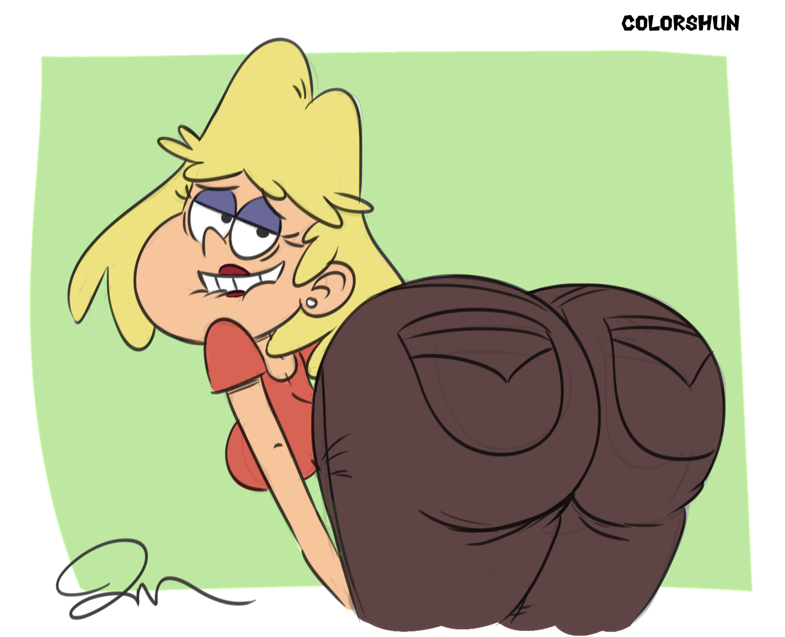 1girls, ass, ass bigger than head, ass focus, big ass, big butt, blonde female, blonde hair, blonde-haired female, bottom heavy, bottomless female, butt, butt bigger than body, butt bigger than head, color, color edit, colored, colored sketch, colorization, colorized, colorized edit, colorshun, female, female focus, female only, jose-miranda, josethewey, lipstick, looking back, mature female, milf, nickelodeon, red lipstick, rita loud, sexy, sexy body, sexy female, sexy pose, smile, solo, solo female, solo focus, teeth, the loud house