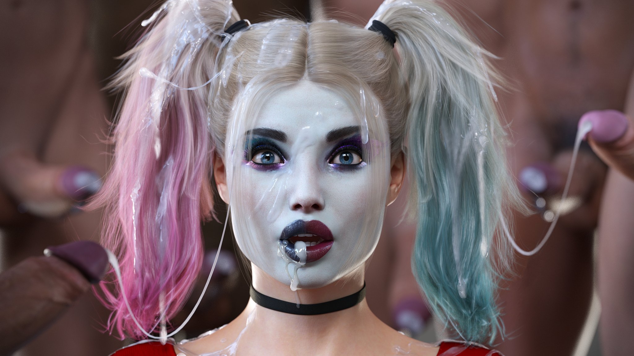 1girls, 3d, 6boys, batman (series), big ass, big breasts, blue hair, breasts, bukkake, close-up, clothed female nude male, completely naked, completely nude, cum, cum on face, curvaceous, curvy, curvy figure, dc, dc comics, dc extended universe, ejaculation, face focus, facial, female, harley quinn, harley quinn (arkham), harley quinn (suicide squad game), hips, hourglass figure, huge ass, huge breasts, large ass, large breasts, legs, light skin, light-skinned female, makeup, mature, mature female, multicolored hair, multiple boys, naked, naked male, nude, nude male, orgasm, otacon212, pink hair, post-orgasm, slim waist, suicide squad, suicide squad (2016), suicide squad: kill the justice league, thick, thick hips, thick legs, thick thighs, thighs, voluptuous, waist, wide hips