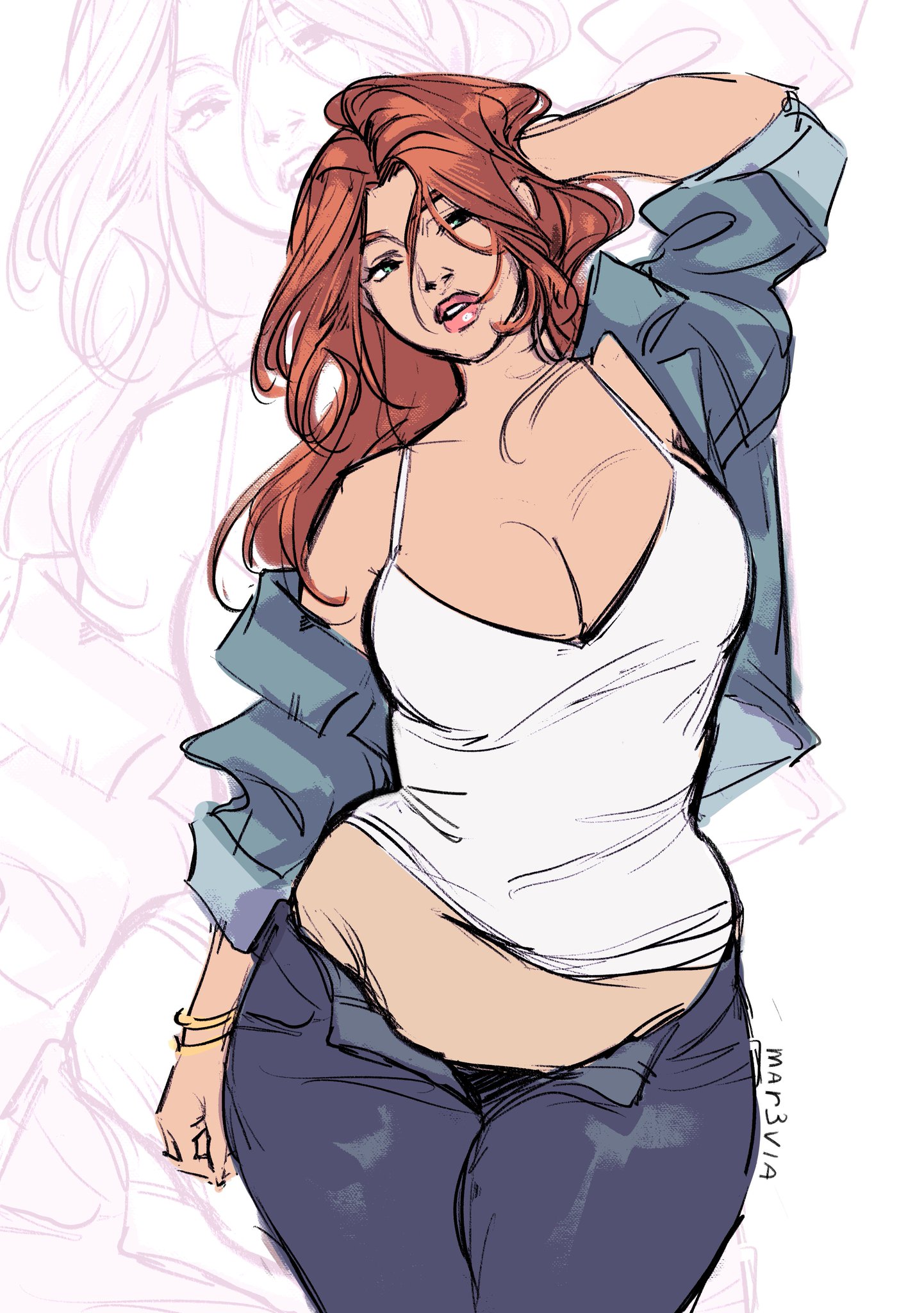 atom eve, belly, belly button, big breasts, breasts, chubby, chubby female, cleavage, exposed midriff, exposed shoulders, fat, fat belly, fat female, ginger, ginger female, ginger hair, hand in hair, hand on head, hot, hourglass figure, hourglass figured female, invincible, jacket, jacket off shoulders, jeans, large breasts, lipstick, love handles, mar3via, messy hair, midriff, navel, official alternate costume, orange hair, pink lipstick, samantha eve wilkins, sexy, sexy body, sexy female, sexy pose, shoulders, spaghetti strap, tank top, thick, thick hips, thick thighs, unbuttoned, unbuttoned jeans, unbuttoned pants, white tank top, wide hips