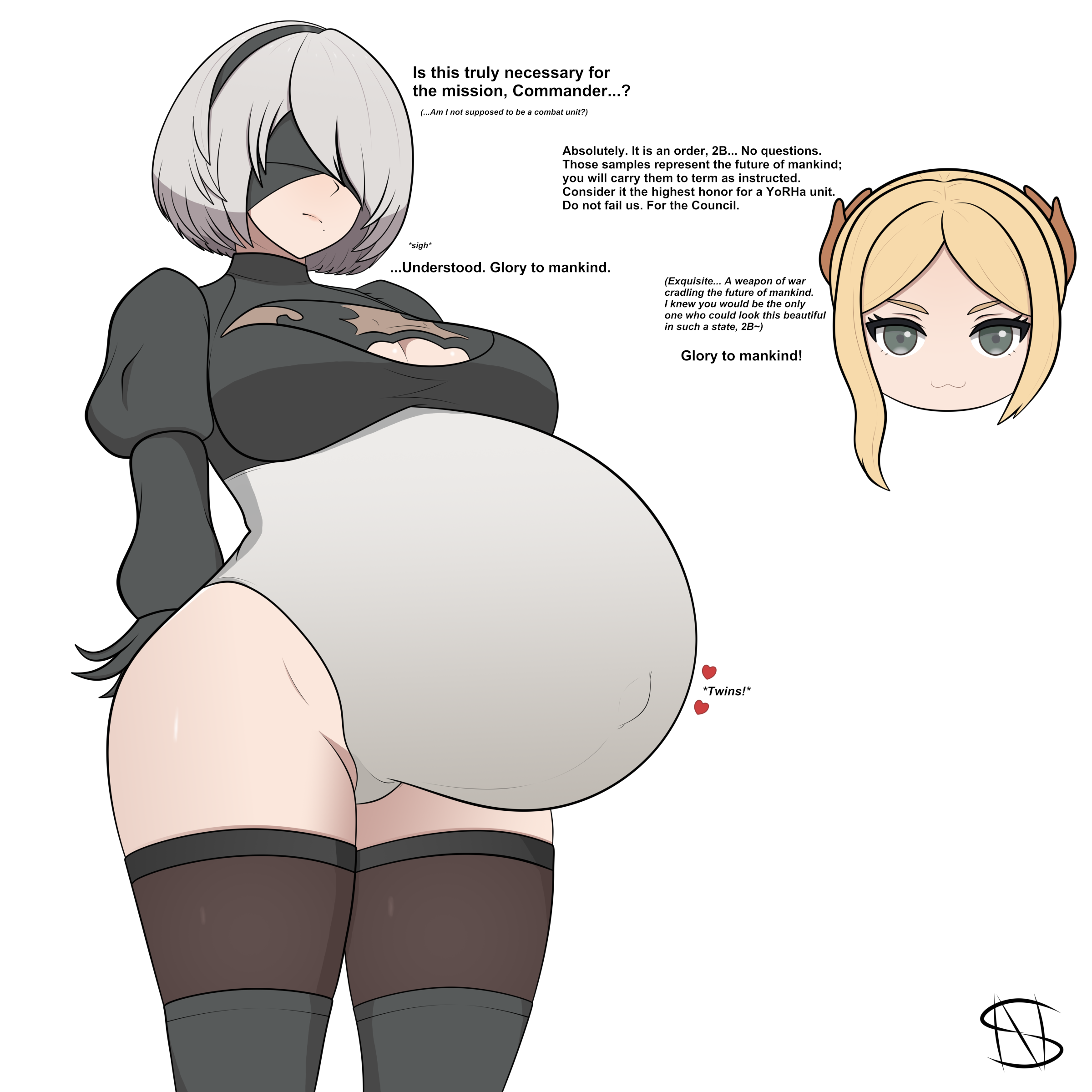 2girls, belly, big breasts, blindfold, breasts, clothing, english text, female, hairband, huge belly, light skin, light-skinned female, nier, nier: automata, novastar, pregnant, pregnant belly, pregnant female, short hair, super belly, text, thigh highs, white hair, yorha 2b, yorha commander