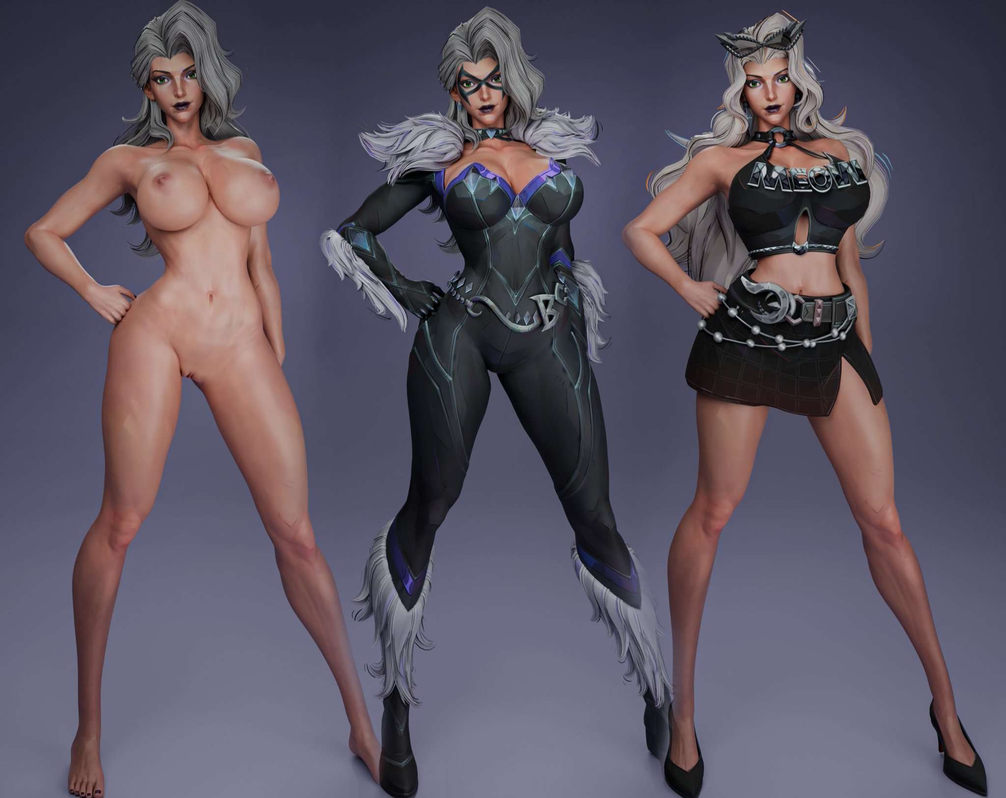 3d, bewitching thighs, big breasts, black cat (marvel rivals), black cat (marvel), blender, bobot, felicia hardy, full body, high heels, jos bobot, long legs, marvel, marvel comics, marvel rivals, solo, spider-man (series), white hair