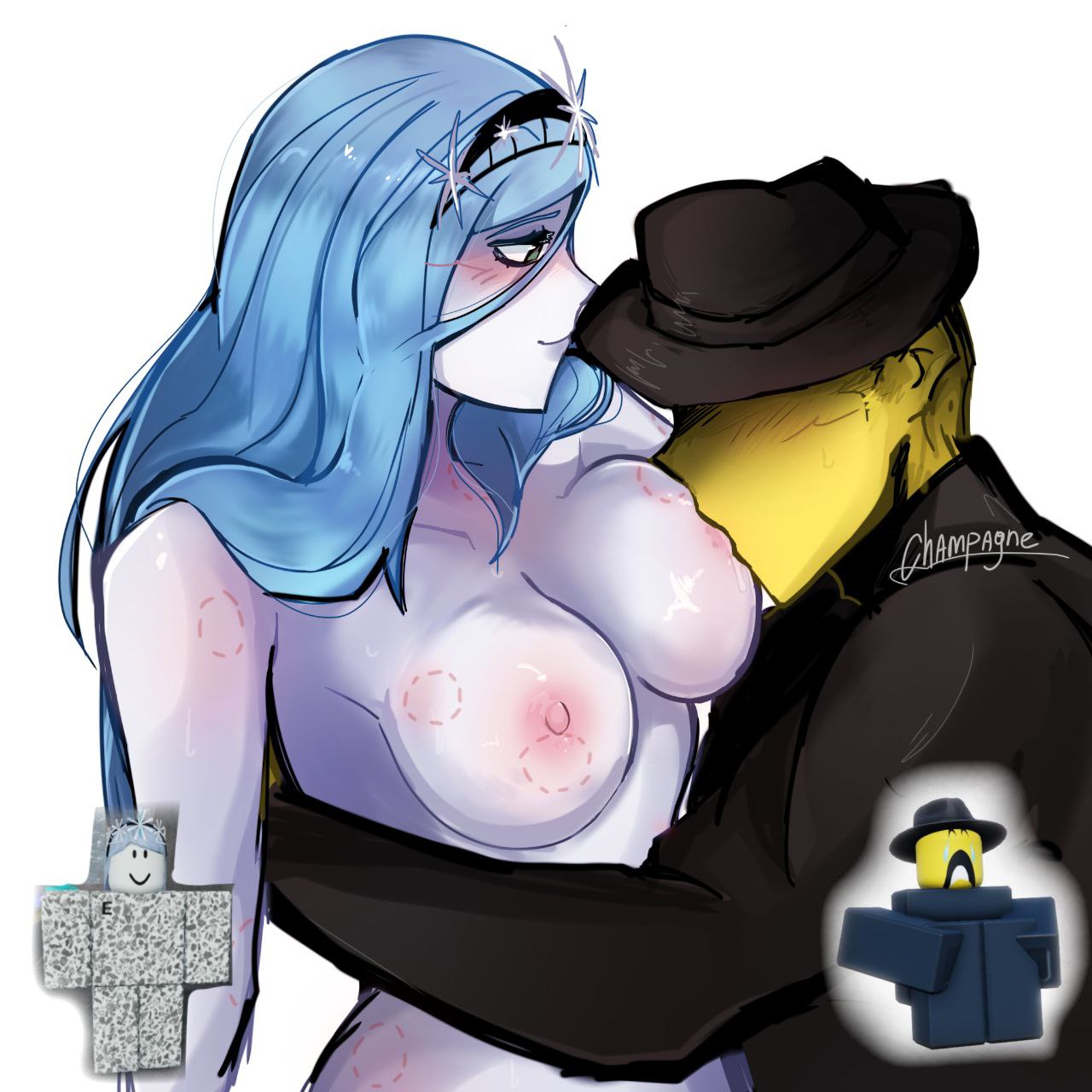 1boy, 1girls, areolae, bite, bite mark, bite marks, blush, boobs, breasts, champagne (artist), clothed, cyan hair, dream game, eunoia, hand behind back, hat, long hair, looking at partner, mafioso (dream game), nipples, nude, reference image, roblox, roblox game, robloxian, sucking boob, sucking breasts, tagme