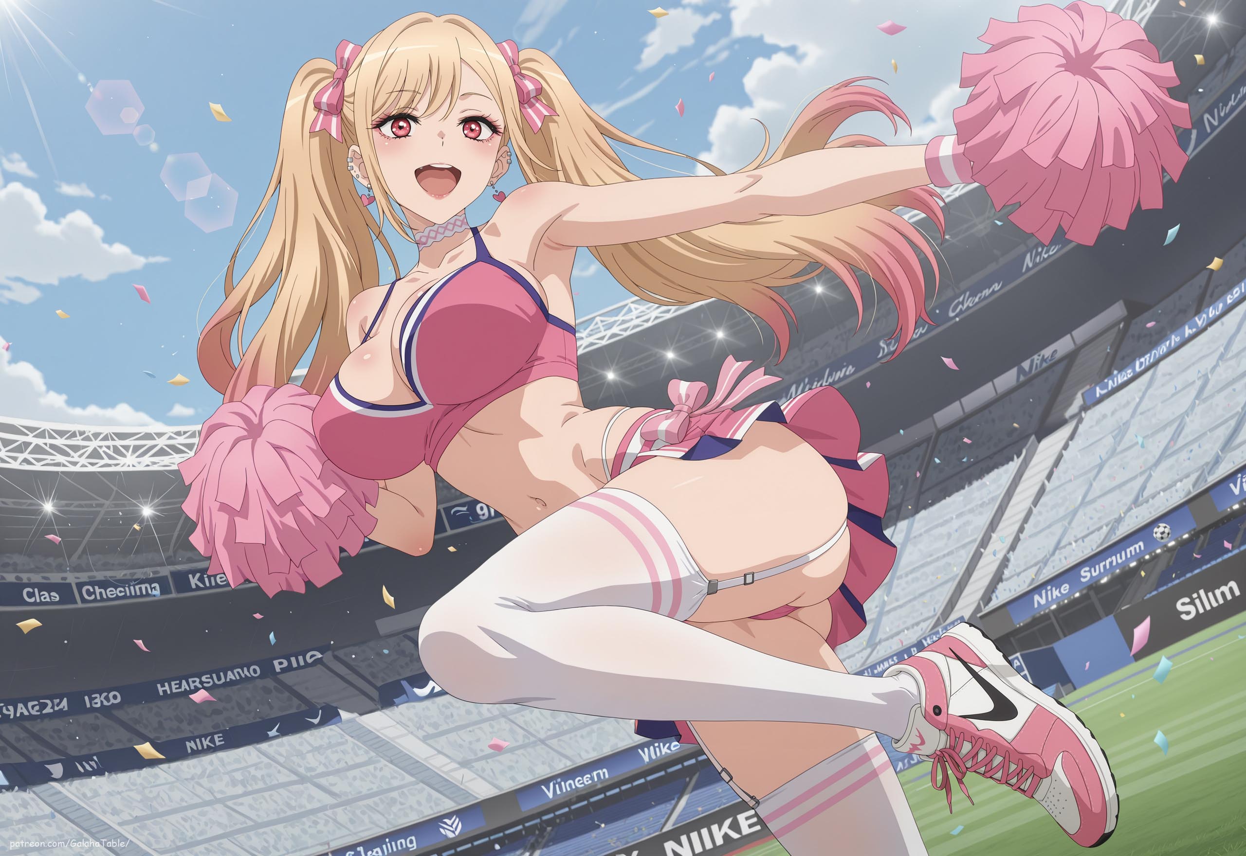 ai generated, big breasts, blonde hair, bows, busty, cheerleader, cheerleader outfit, cheerleader uniform, choker, cleavage, colored tips, earrings, football field, garter belt, garter straps, hourglass figure, jewelry, kitagawa marin, long hair, meowlucy, midriff, miniskirt, my dress up darling, pink eyes, pink tips, pompoms, posing, posing for the viewer, public, short skirt, sneakers, soccer field, sono bisque doll wa koi wo suru, stadium, stockings, thighhighs, twintails, upskirt, wristband, young female