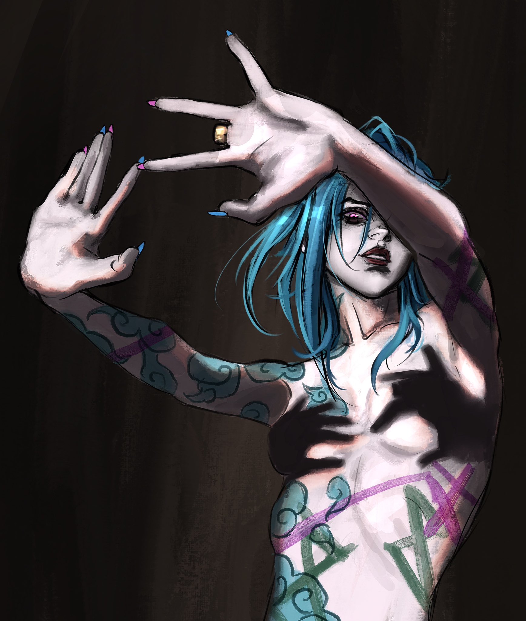 1girls, amputated fingers, arcane, arcane jinx, arms extended, artistic nude, ass, blue hair, child bearing hips, covering breasts, curvaceous, curvaceous ass, curvaceous body, curvaceous female, curvaceous figure, curvaceous hips, curvaceous thighs, curvy, curvy body, curvy female, curvy figure, curvy hips, curvy thighs, female, female focus, female only, hands casting shadow, iwachansarm, jinx (arcane), jinx (league of legends), league of legends, pink eyes, riot games, solo, solo female, tagme, tattoo, tattoo on chest, tattooed arm, thick, thick hips, thick legs, waifu