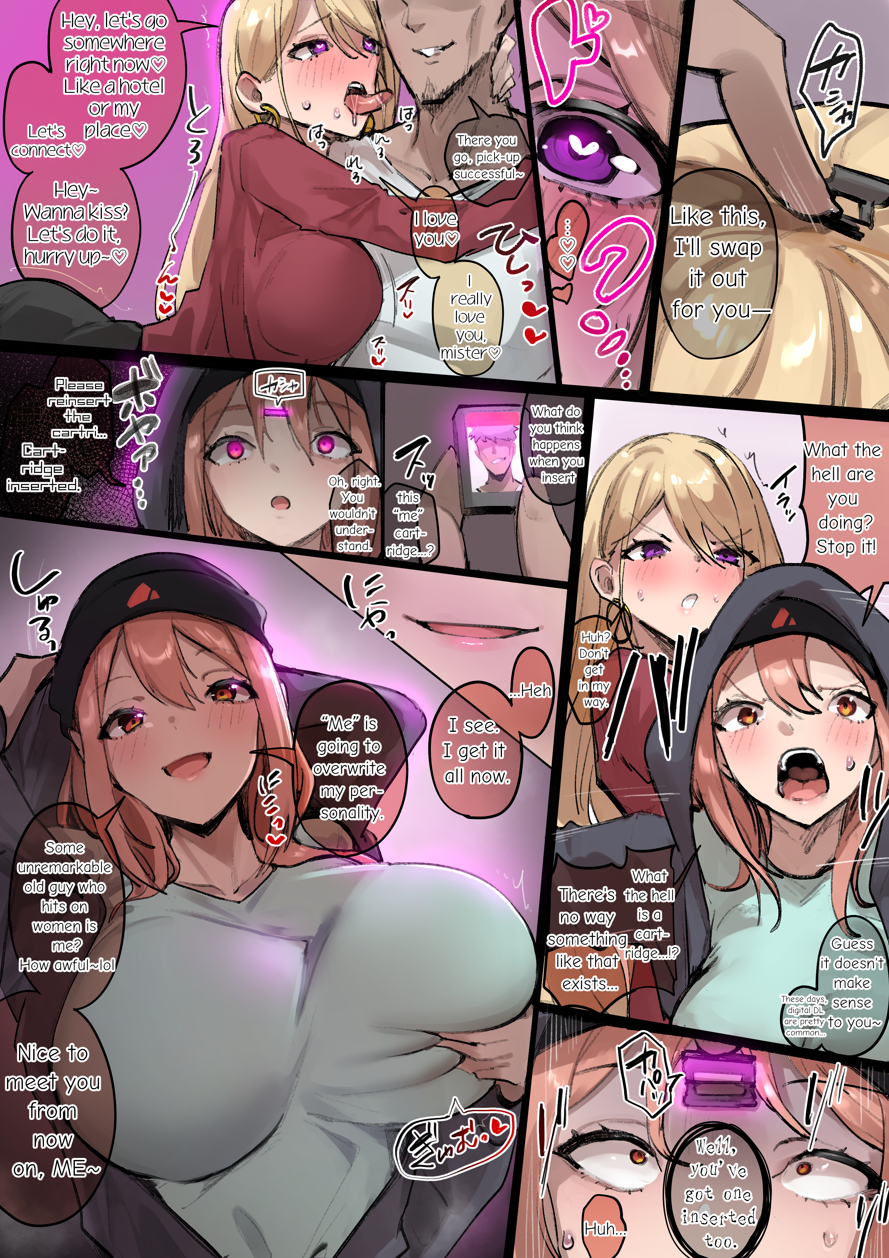 1boy, 2girls, 9koma, blonde hair, blush, breast grab, breasts, cartridge, close rim open, clothing, earrings, english text, female, grabbing, grabbing another's breast, grabbing breasts, hoop earrings, huge breasts, hypnosis, identity change, identity swap, karin (rim), kasumi (rim), licking, long hair, looking at viewer, matching hair/eyes, multiple girls, open mouth, orange eyes, orange hair, original, original character, original characters, personality switch, possessed, purple eyes, shirt, speech bubble, tongue, tongue out, wide eyed