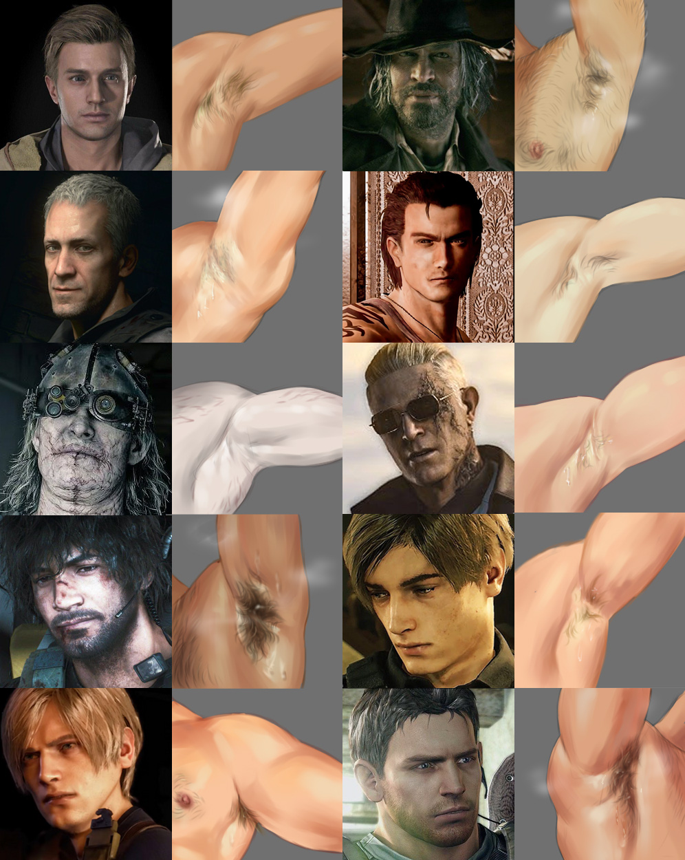 armpit, armpit fetish, armpit hair, armpits, bara, billy coen, body hair, capcom, carlos oliveira, character sheet, chart, chris redfield, ethan winters, hairy male, karl heisenberg, lemoni3, leon scott kennedy, male, male only, muscular male, musk, nikolai zinoviev, resident evil, sweat, sweaty, sweaty body, victor gideon, yaoi, zeno (resident evil requiem)
