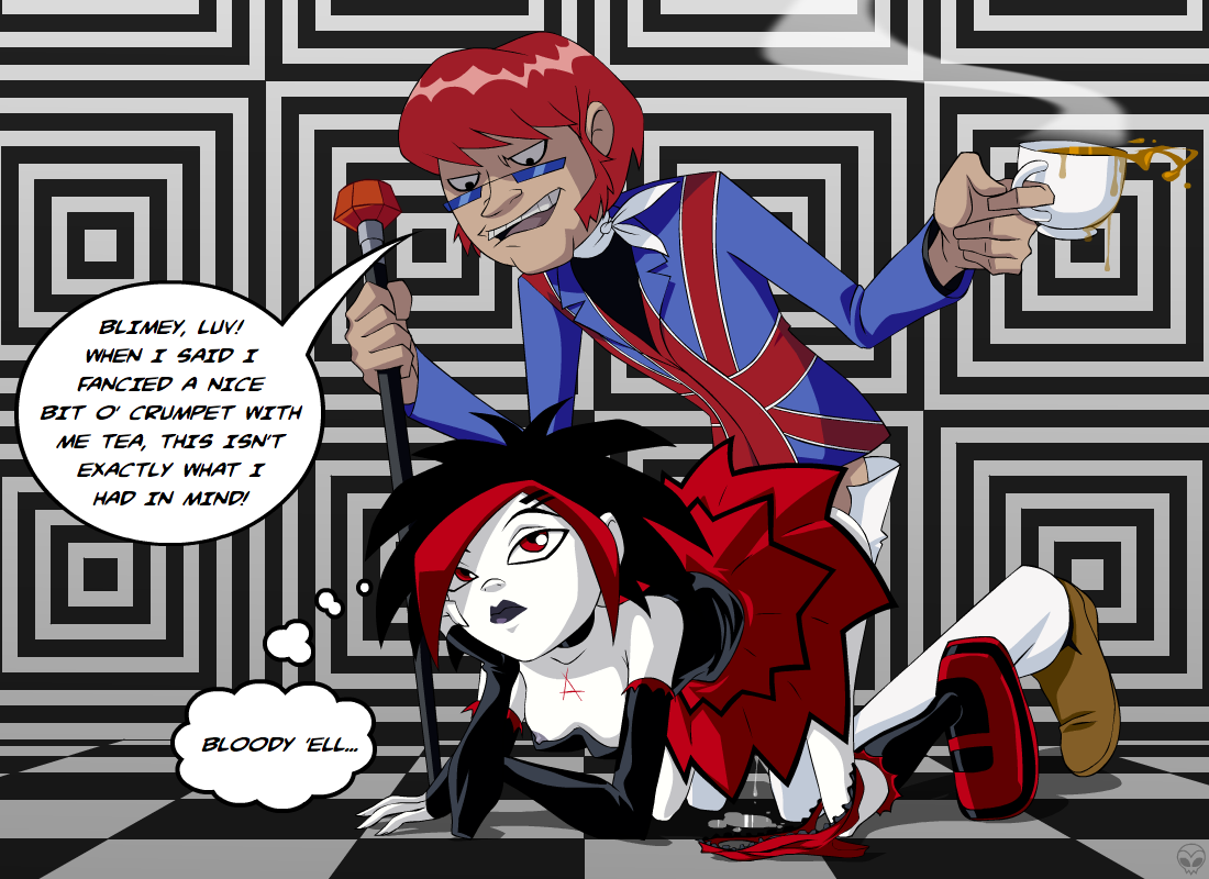 1boy 1girls ambiguous_penetration argent_(dc) black_lips breasts british cockney dc dcau dialogue doggy_style female goth goth_girl leaking_pussy mad_mod red_eyes straight_hair tea teen_titans text_bubble union_jack wet_pussy zone