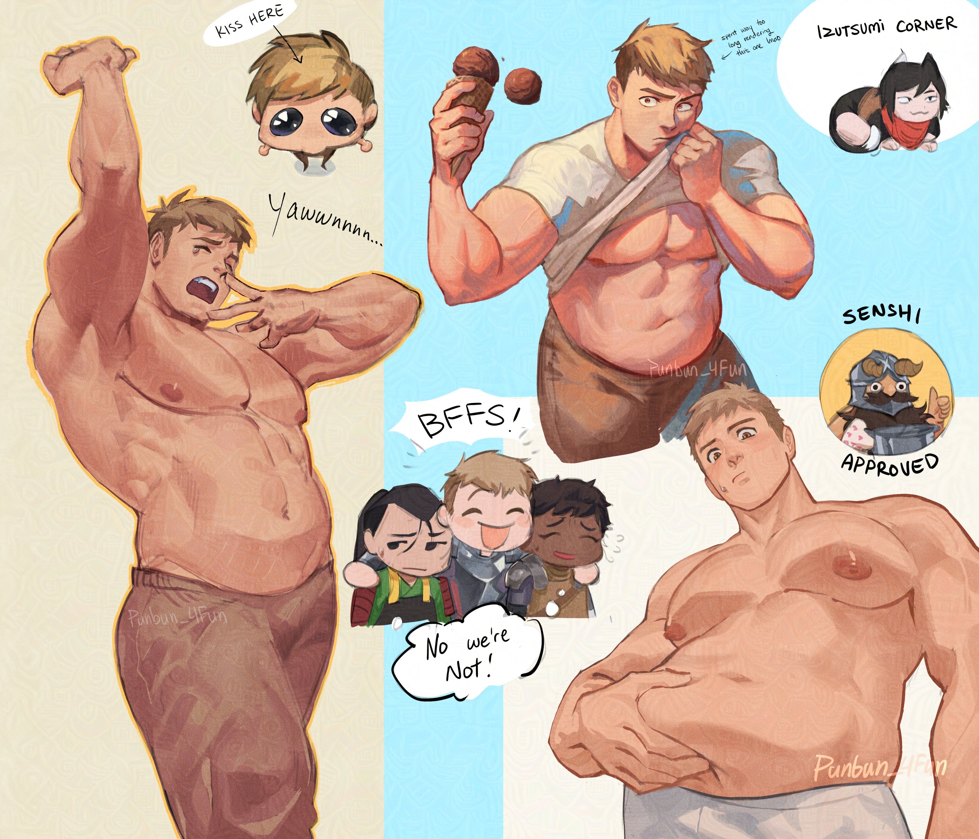 belly grab, blonde hair, brown eyes, brown pants, chubby, doodles, dungeon meshi, hairless armpits, human, human only, ice cream, laios touden, male only, punbun 4fun, shirt lift, shirt up, shirtless male, tagme, twitter username