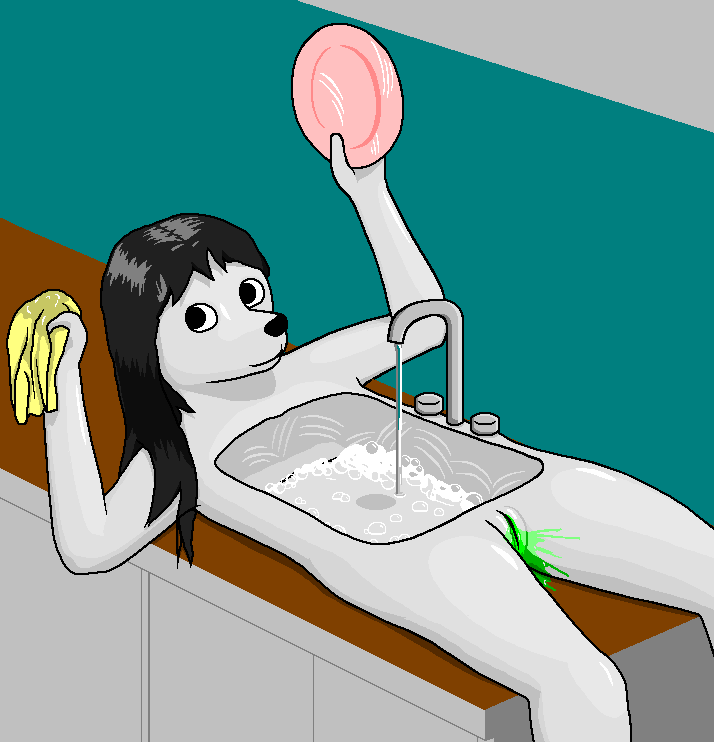 alternate_version_at_source animate_inanimate anthro black_hair bodily_fluids canid canine canis daleport996 digital_media_(artwork) domestic_dog female genital_fluids genitals hair holding_object kitchen kitchen_sink long_hair lying mammal nude on_back on_counter pussy pussy_juice sinkdog soap solo unusual_bodily_fluids unusual_genital_fluids unusual_pussy_juice white_body