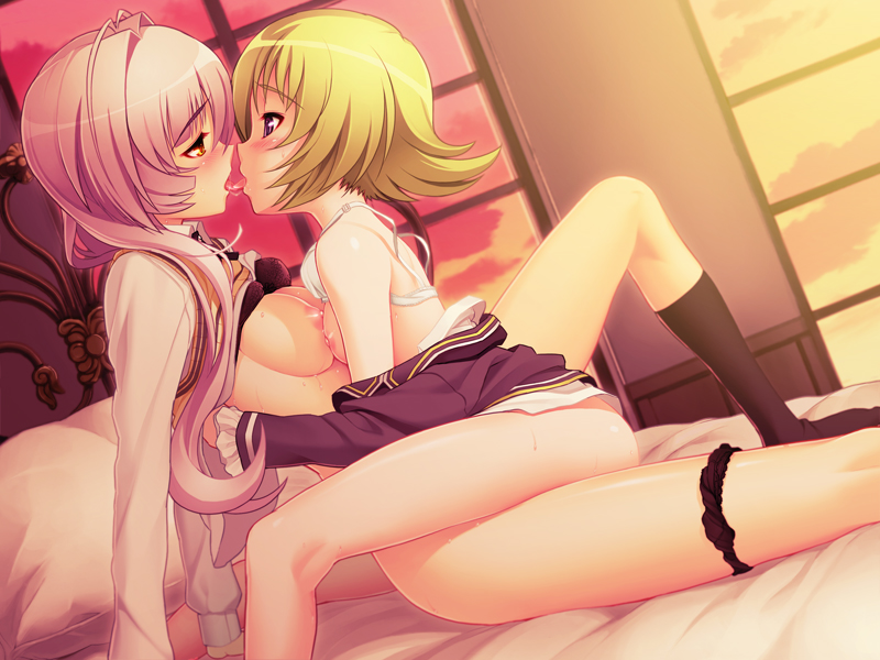 2girls antenna_hair bed black_bra black_panties black_socks blonde_hair bottomless bra bra_lift breast_press breasts capella_(sumaga) clothes_down clothes_lift collared_shirt deneb_(sumaga) dutch_angle eye_contact floating_hair game_cg hair_intakes kissing kneehighs long_hair looking_at_another medium_breasts medium_hair multiple_girls nipples on_bed panties panties_around_one_leg pillow pink_hair purple_eyes shiny_skin shirt shirt_lift small_breasts socks sumaga sweatdrop sweater sweater_lift sweater_vest tongue tongue_out tsuji_santa underwear white_bra white_shirt wing_collar yellow_eyes yellow_sweater yuri