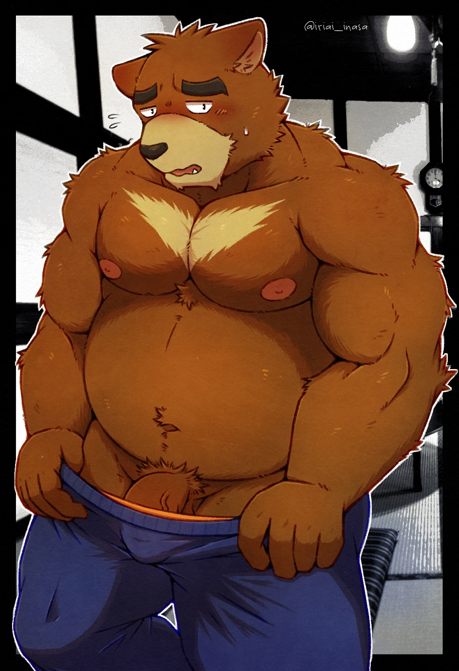 2021 anthro belly black_nose blush brown_body brown_fur clothing fur genitals hi_res humanoid_genitalia humanoid_hands humanoid_penis iriai_inasa juuichi_mikazuki kemono male mammal moobs morenatsu nipples overweight overweight_male penis solo undressing ursid video_games visual_novel