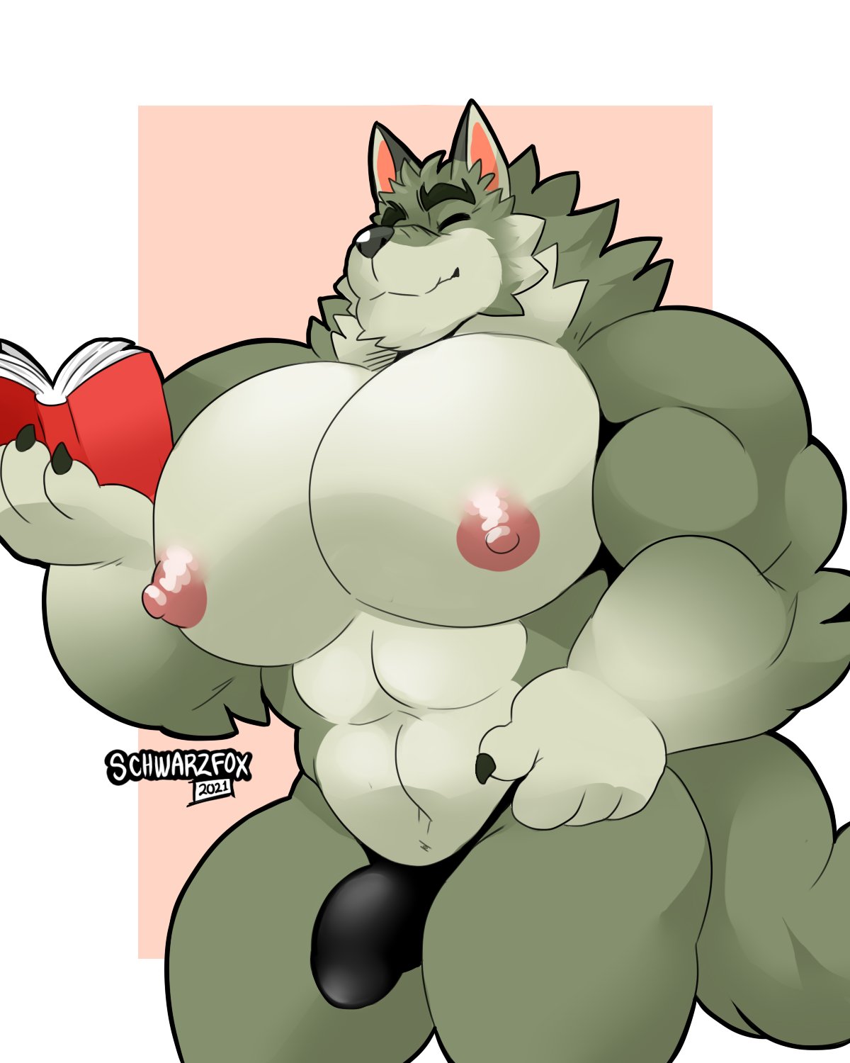 2021 4:5 abs animal_crossing anthro bara barazoku big_bulge big_muscles big_nipples big_pecs book border bulge canid canine canis claws closed_eyes clothing dobie_(animal_crossing) eyebrows fur hi_res holding_book holding_object male male_only mammal mature mature_anthro mature_male muscular muscular_anthro muscular_male navel nintendo nipples pecs pink_background schwarzfox signature simple_background smile solo standing thick_thighs thong tuft underwear video_games white_border wolf