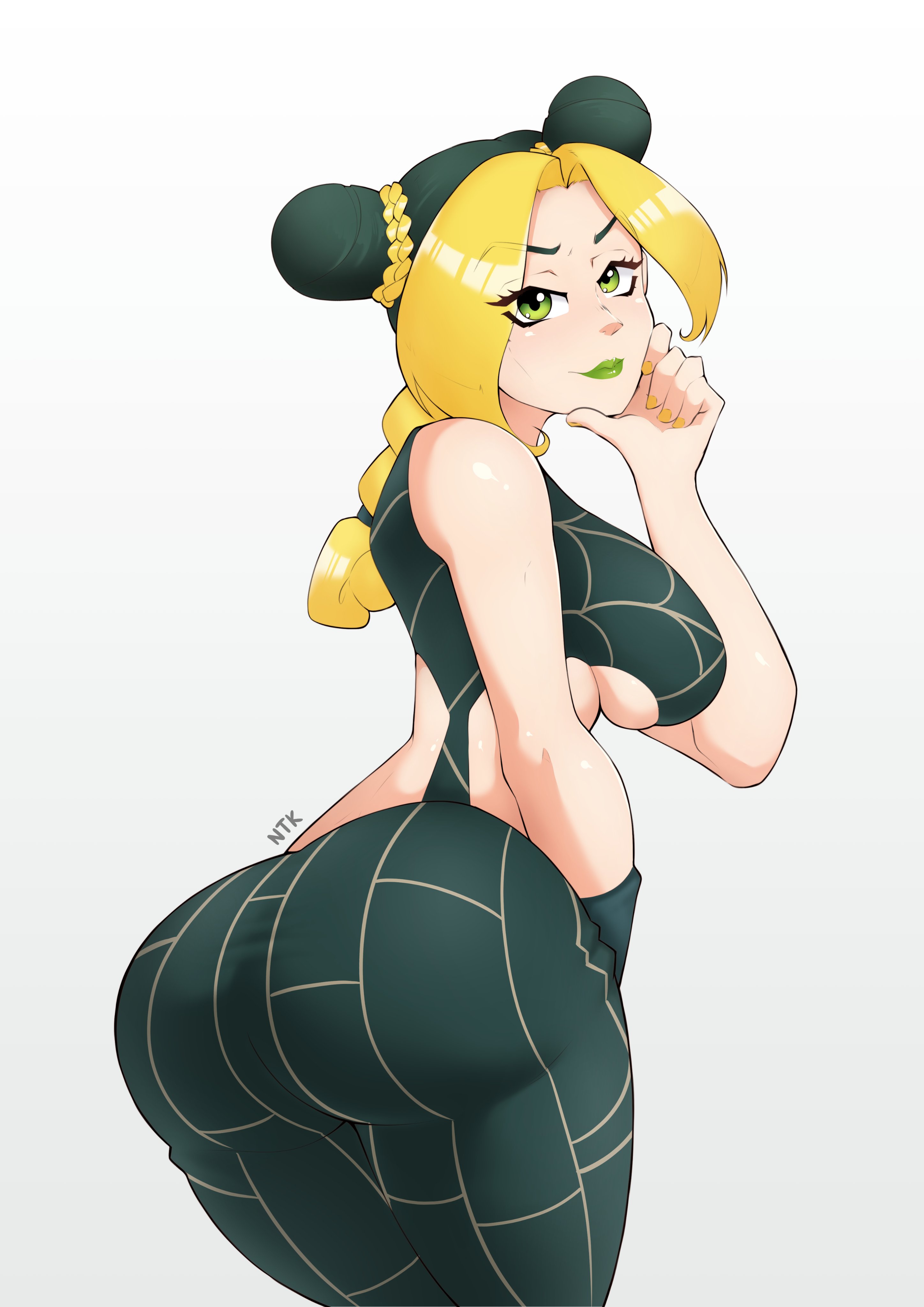 1girls, absurdres, ass, big ass, big breasts, breasts, female, female only, female protagonist, green hair, highres, human, jojo's bizarre adventure, jolyne kujo, large breasts, light skin, light-skinned female, long hair, looking at viewer, looking back, notkadraw, shounen jump, solo, stone ocean