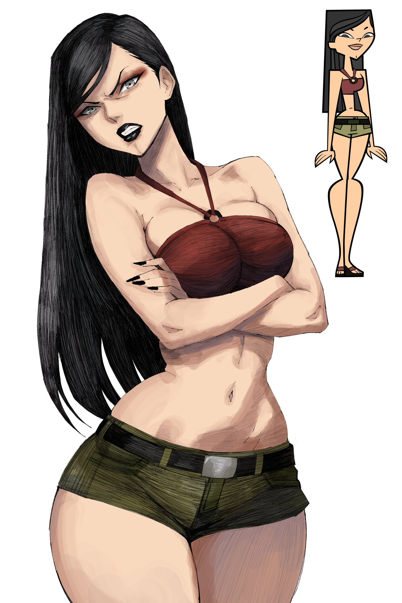 1girls, 2d, angry, angry expression, angry face, annoyed, annoyed expression, annoyed face, asian, asian female, belly button, big ass, black fingernails, black lipstick, cartoon network, child bearing hips, deep belly button, deep navel, disgust, disgusted, disgusted look, exposed midriff, female, fresh tv, frown, frowning, heather (tdi), hex mamaniac, hourglass figure, hourglass figured female, human, human only, jean shorts, lipstick, long fingernails, long hair, looking at viewer, medium breasts, midriff, navel depth, realistic, sfw, shorts, sketch, slim waist, solo, tagme, teletoon, thick thighs, top, total drama (series), total drama island, tsundere, wide hips, young woman