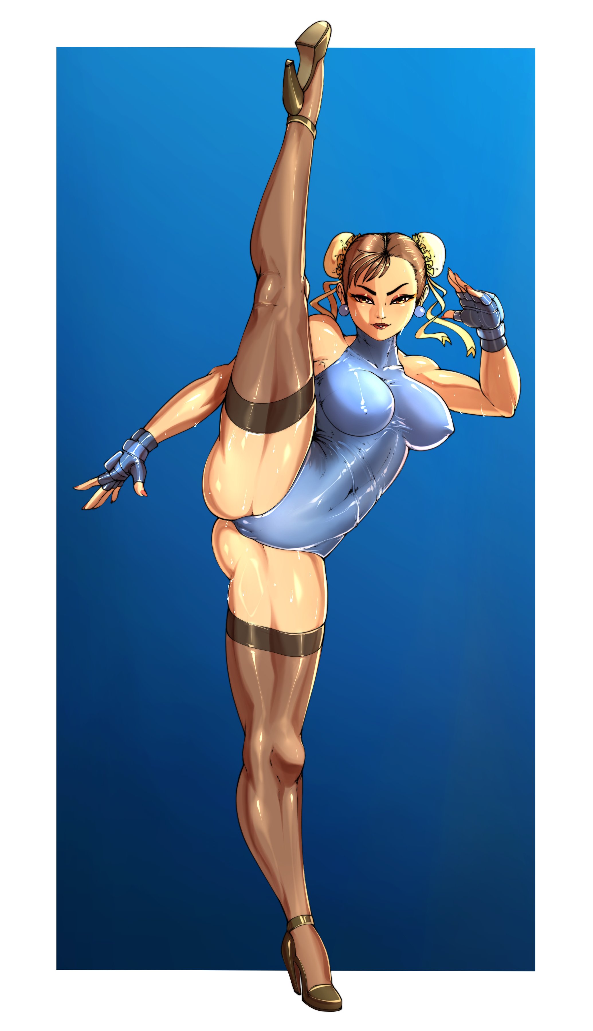 1girls, alternate version available, big breasts, breasts, brown hair, capcom, chun-li, female, female focus, female only, fingerless gloves, high heels, leotard, looking at viewer, mr.jellybeans, solo, split form, spread legs, stockings, street fighter, thick thighs, vertical splits