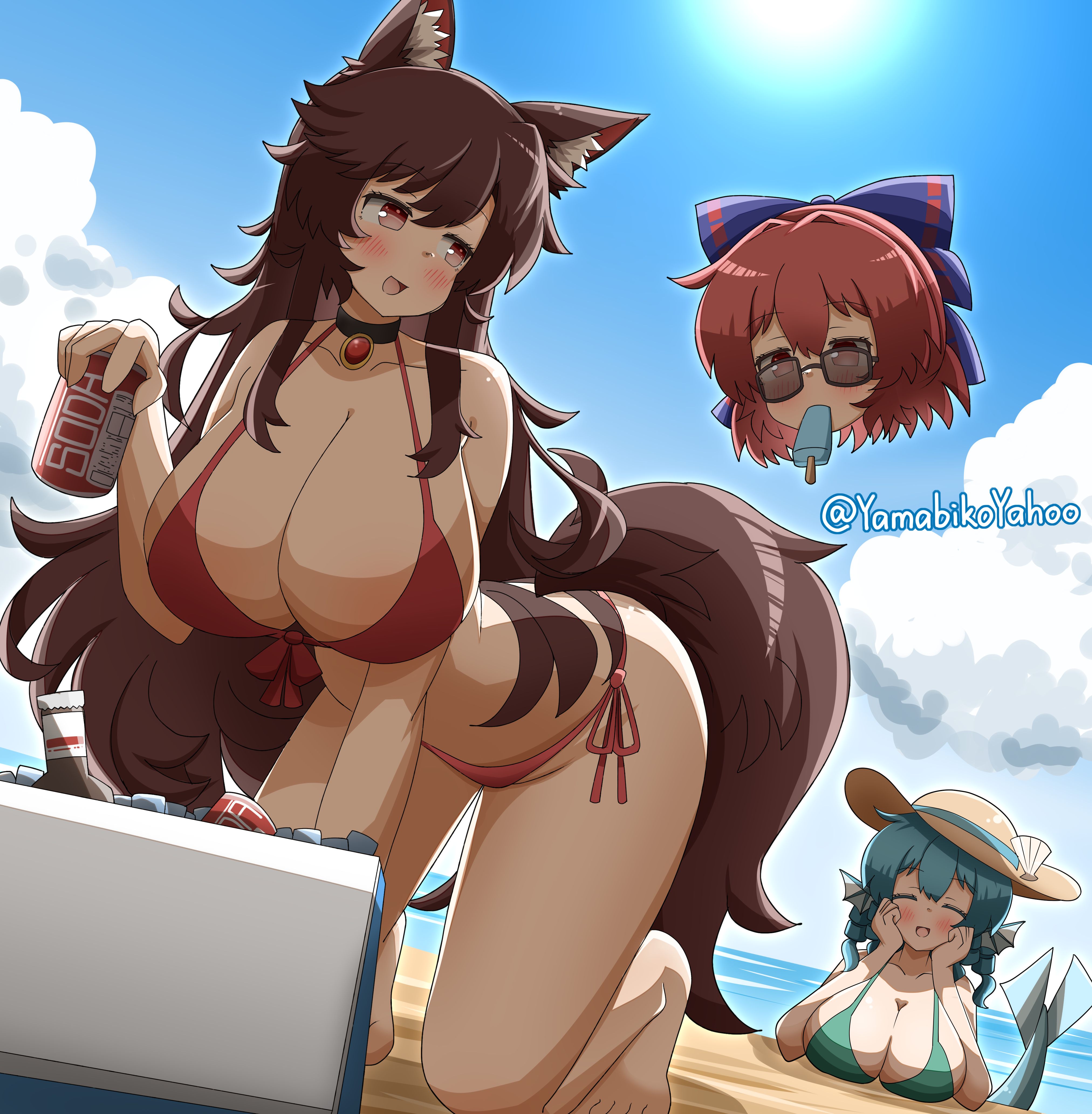 3girls, artist name, ass, barefoot, beach, bent over, big breasts, bikini, black choker, black glasses, blue hair, blush, blush lines, blushing, bottle, bow, bowtie, breast rest, breasts, brown hair, brown hat, butt, choker, cleavage, closed eyes, cloud, collarbone, detachable head, disembodied head, drill hair, drill sidelocks, drink, dullahan, eating, eating food, fin ears, fins, fish tail, floating, floating head, fluffy, fluffy ears, fluffy hair, fluffy tail, food, food in mouth, front-tie bikini, front-tie bikini top, front-tie top, full body, gem, glasses, grass root youkai network, green bikini, hair bow, hair ribbon, hand on own face, hands on own cheeks, hands on own face, hat, hat bow, hat ribbon, head fin, hi res, high resolution, highres, holding, holding can, holding object, huge breasts, ice, ice cream, jewelry, kagerou imaizumi, kneeling, large breasts, light blush, long hair, long sidelocks, looking at another, medium hair, merfolk, mermaid, monster girl, multiple girls, no pupils, open door, open mouth, outdoors, popsicle, red bikini, red eyes, red gem, red hair, ribbon, ruby (gem), sand, sekibanki, shell, short hair, side tie bikini bottom, side tie panties, side-tie bikini, side-tie bikini bottom, side-tie panties, sidelocks, sky, smile, smiley face, smiling, smiling at another, soda, soda can, sun, sun hat, sunglasses, swimsuit, swimwear, thick thighs, thighs, touhou, very long hair, wakasagihime, watermark, werewolf, wide hips, wide thighs, wolf ears, wolf girl, wolf humanoid, wolf tail, yamabikoyahoo, youkai