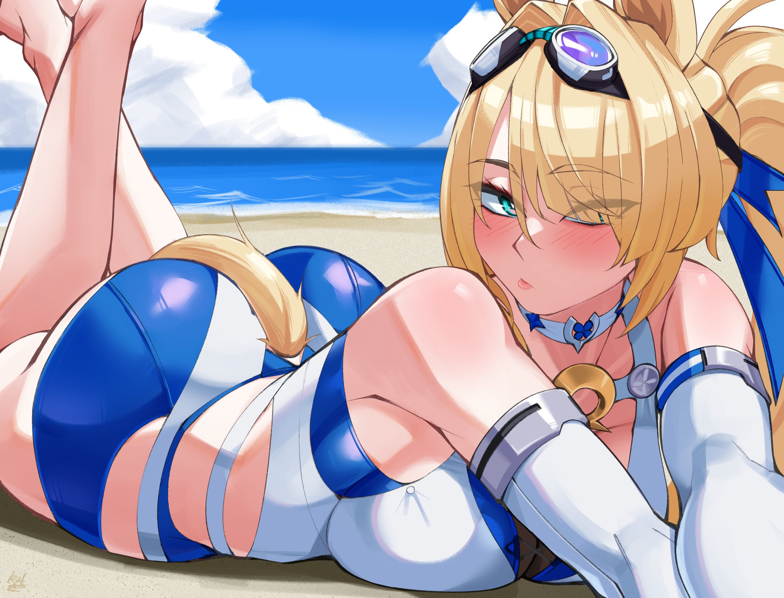 1girls, big ass, big butt, blonde hair, blue eyes, blush, breasts, clarkekitsp, female, female focus, female only, hair over one eye, highres, horse girl, large breasts, light skin, light-skinned female, lying, lying on stomach, official alternate costume, sigrid de l'azur, sigrid de l'azur (majestic wavechaser), solo, swimsuit, thick thighs, thighs, two-piece swimsuit, wide hips, zenless zone zero