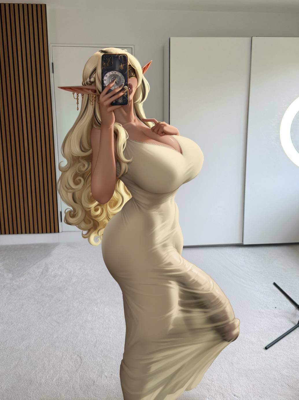 ai generated, balls, big balls, big breasts, big bulge, big penis, blush, bulge, color, dress, elf ears, fat cock, futa only, futanari, hi res, huge cock, hydraulicmatingpress, imminent fellatio, imminent oral, large breasts, light skin, looking at viewer, massive penis, oc, original, original character, pent up, selfie, solo, solo futa, standing, thighs, throbbing penis, trend