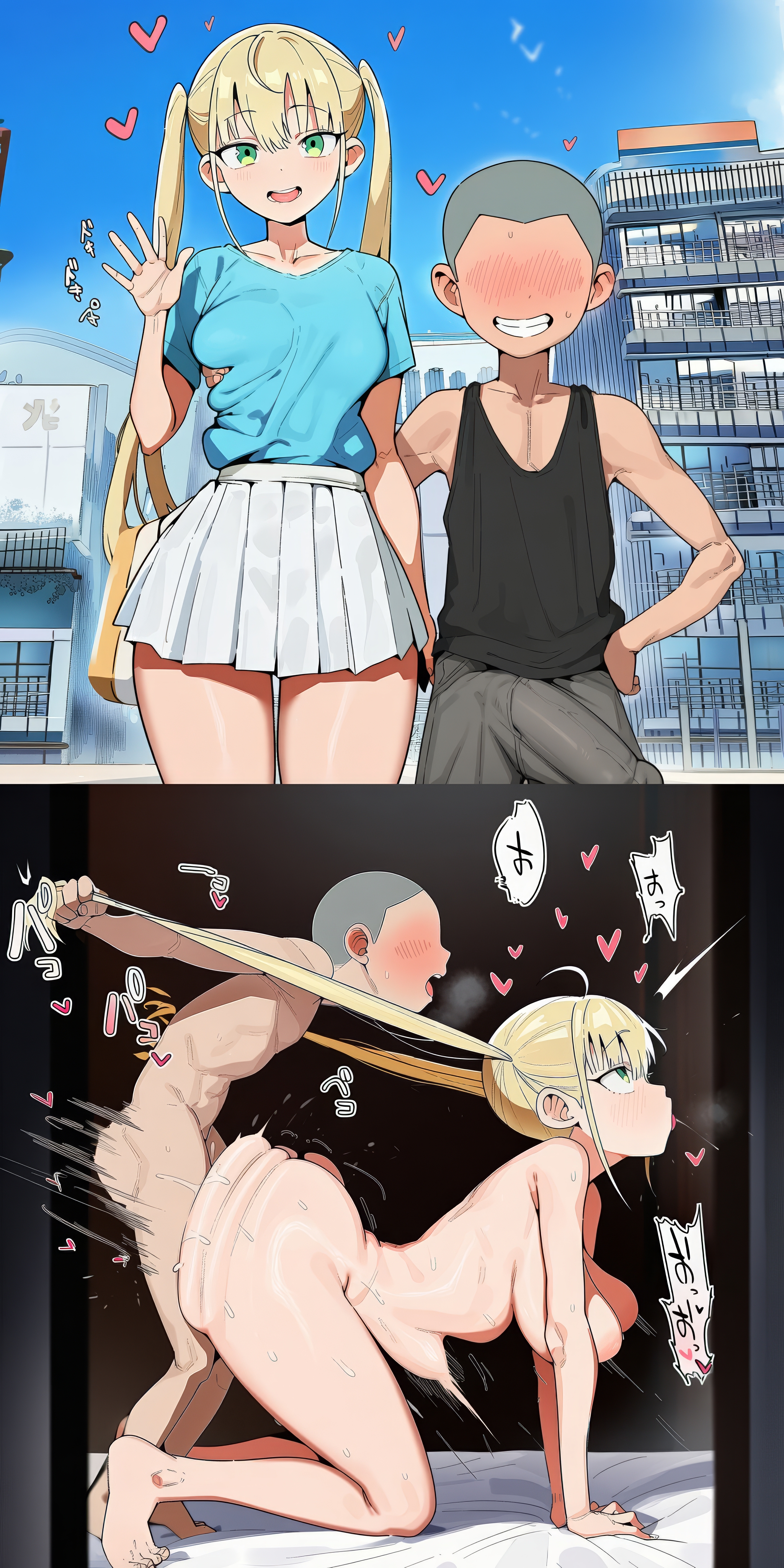 1boy, 1boy1girl, 1girls, 2koma, ahoge, ai generated, all fours, ass, ass ripple, balls deep, before and after, belly bulge, big ass, big butt, blonde, blonde female, blonde hair, blonde hair female, blonde-haired female, bulge, bulge through clothing, butt, butt ripple, buzz cut, clothed, clothed female, clothing, completely nude, completely nude female, completely nude male, deep penetration, female, female penetrated, from behind, from behind position, grabbing from behind, grabbing hair, green eyes, grin, hard on, hearts, huge ass, huge butt, instant loss 2koma, light skin, light-skinned female, male, male penetrating, male penetrating female, male/female, pale skin, pale-skinned female, penetration, penetration from behind, penis bulge, pounding, rolling eyes, rough sex, sex, sex from behind, skirt, standing, stomach bulge, tank top, teenage girl, teenager, thrusting, twintail pull, twintails, upscaled, waving