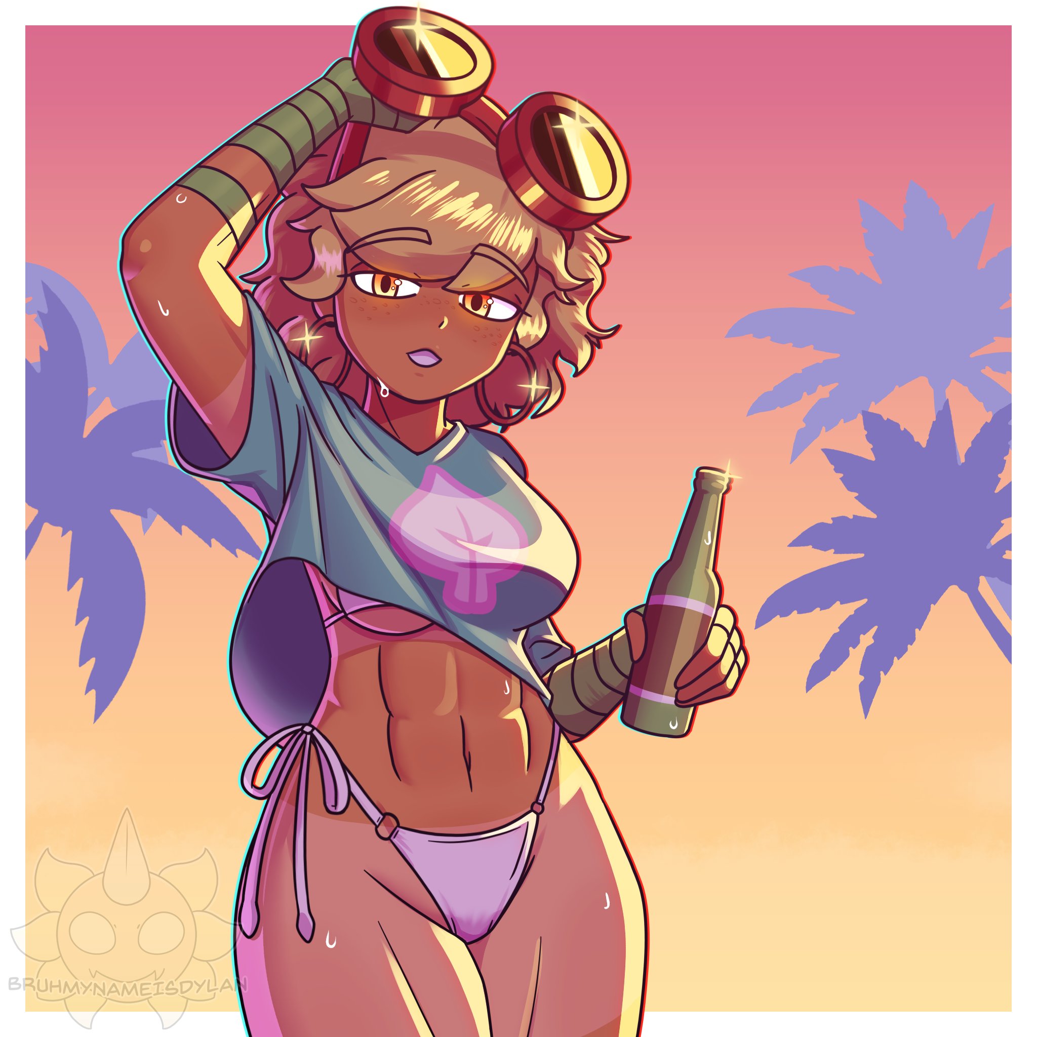 abs, anthro, big breasts, bruhmynameisdylan, electronic arts, female, fit, fit female, flora fauna, glowing eyes, goggles, gta vi cover girl, hourglass figure, human, plant, plant girl, plantie, plants vs zombies, plants vs zombies: heroes, popcap games, solar flare (pvz), sunflower (pvz), sweat, tan body, tanline, tomboy, video game character