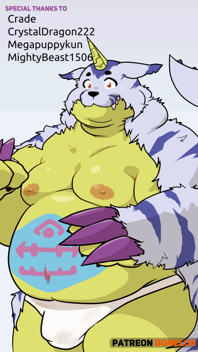 2021 9:16 animated anthro bandai_namco belly blush bodily_fluids bulge clothed clothing digimon digimon_(species) erection erection_under_clothing gabumon kemono male moobs nipples overweight overweight_male qqmelon888 short_playtime solo surprise sweat underwear
