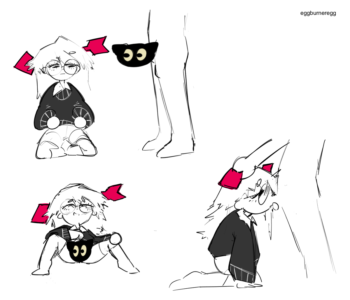 1boy, 1girls, aira (offscript), arrow, arthur (offscript), artist name, blowjob, blush, cat, censored, glasses, head grab, irrumatio, kneehighs, kneeling, medium hair, monochrome, multiple views, no panties, novelty censor, nude male, offscreen male, offscript, oral, penis, presenting pussy, round eyewear, saliva trail, shorts, side view, spread legs, strap-on, sweater, testicles, white hair