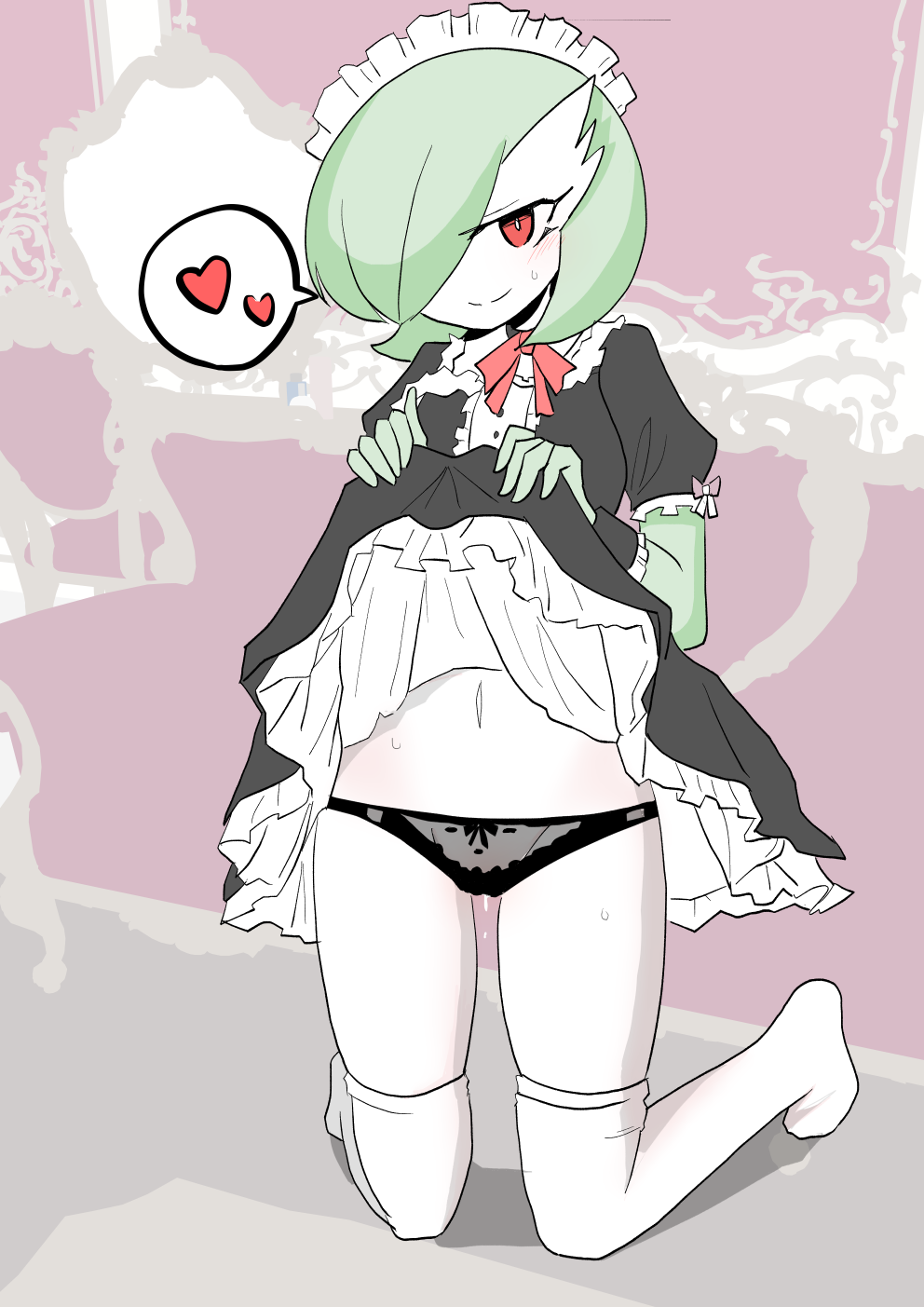 blush bodily_fluids cameltoe clothed clothing clothing_lift dress dress_lift female female_gardevoir flashing gardevoir genital_fluids heart hi_res humanoid indozou kneeling legwear looking_at_viewer maid_uniform nintendo not_furry panties pokémon_(species) pokemon pokemon_(species) pokemon_rse pokephilia pussy_juice smile solo sweat thigh_highs underwear uniform video_games