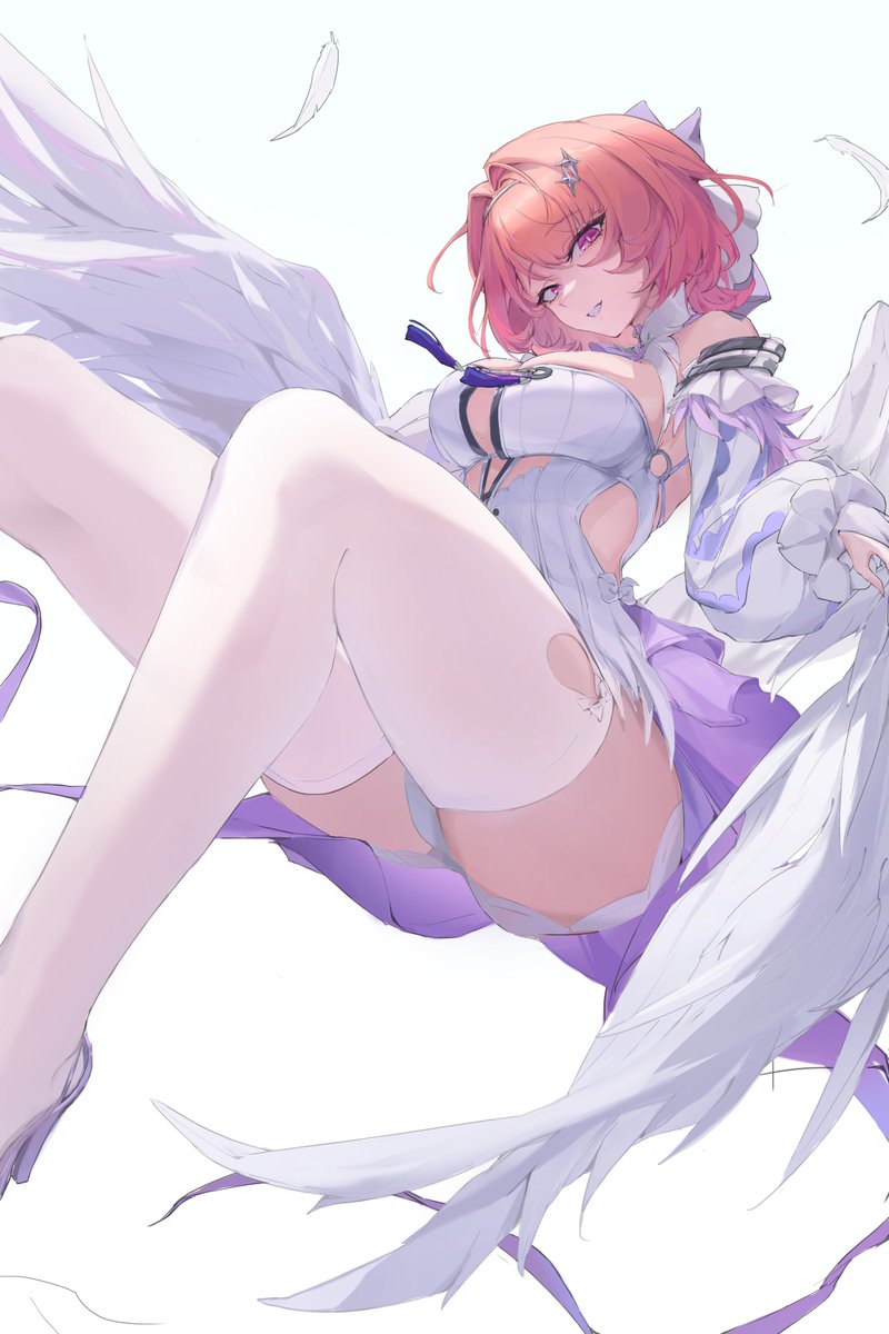 1girls, big breasts, breasts, breasts out, colored nails, dress, exposed breasts, female, large breasts, long nails, painted nails, panties, pantyshot, pantyshot (sitting), pink hair, purple eyes, remielle (zenless zone zero), remielle dan, short hair, underwear, white dress, white panties, white underwear, white wings, wings, zenless zone zero