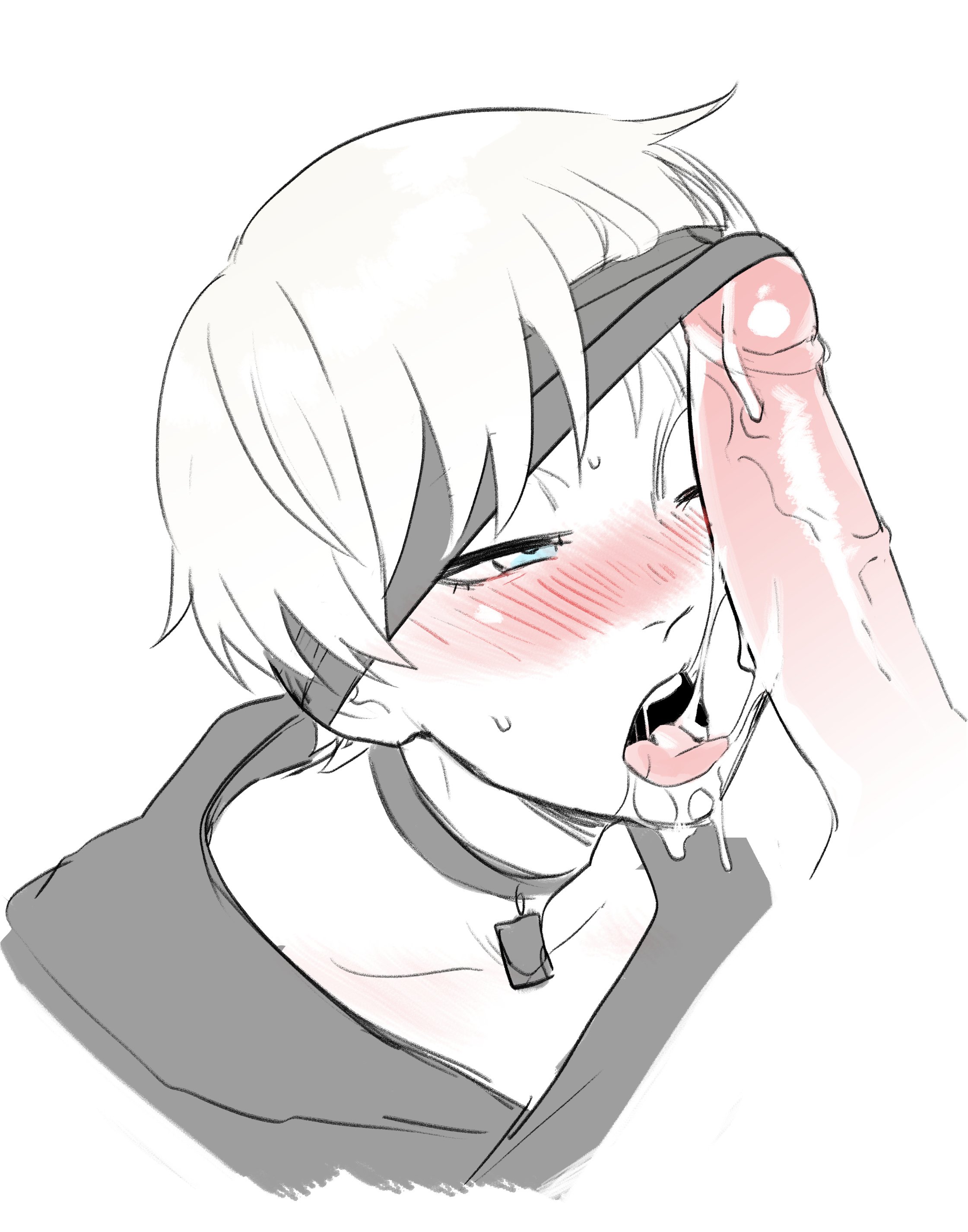 2boys, after oral, blindfold, blush, femboy, gay, male, male only, male/male, monochrome, nier (series), nier: automata, oral, penis on face, ryuichirouart, saliva trail, short hair, yaoi, yorha 9s