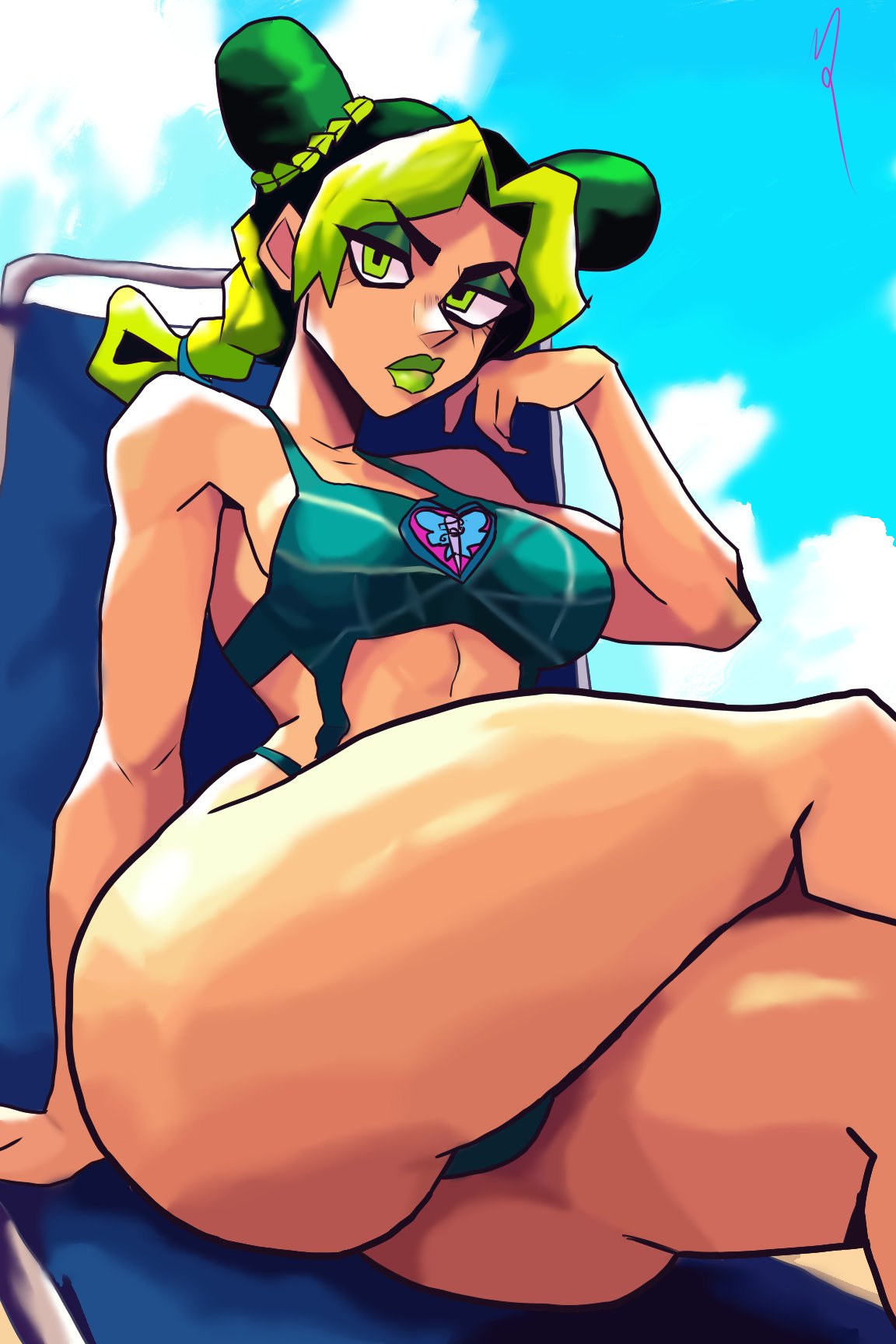 1female, 1girl, 1girls, 2026, anime, anime character, anime coloring, ass, bikini, bra, breasts, female, female focus, female only, green eyes, green hair, green lipstick, human, human only, jojo no kimyou na bouken, jojo's bizarre adventure, jolyne cujoh, jolyne kujo, light skin, light-skinned female, lips, lipstick, looking at viewer, mariry01, panties, stone ocean, two-tone hair, yellow hair
