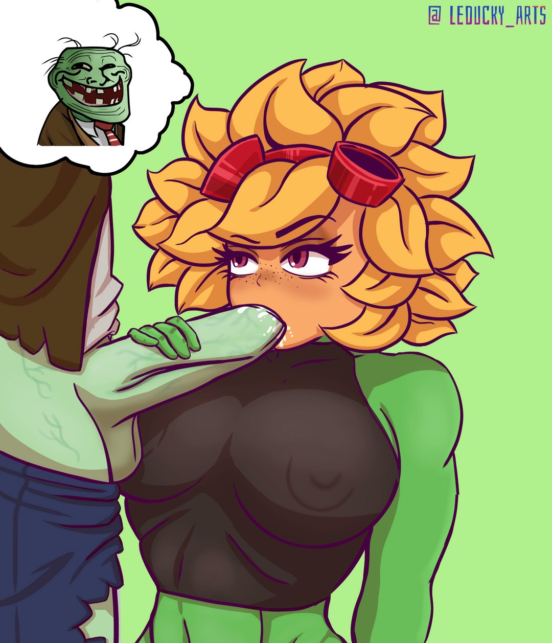 electronic arts, female, female focus, flora fauna, humanoid, humanoid female, humanoid only, interspecies, leduckyarts, male, meme, monster, oral, plant, plant girl, plant humanoid, plantie, plants vs zombies, popcap games, solar flare (pvz), straight, sunflower (pvz), troll, trollface, twitter link, video game character, zombie, zombie (pvz)