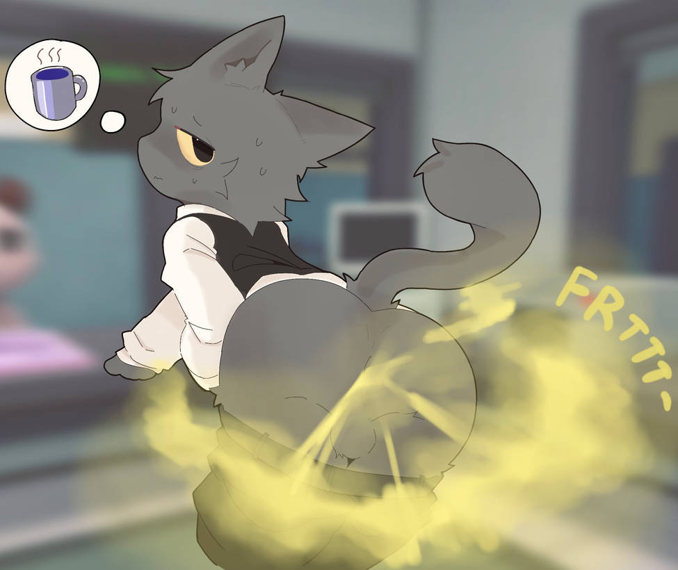 animal_hospital anthro anus artist_request ass balls blurred_background cat_boy cat_ears cat_tail fart fart_cloud fart_fetish fur furry male male_only onomatopoeia roblox secret_agent_(animal_hospital) solo suit tail text yellow_sclera