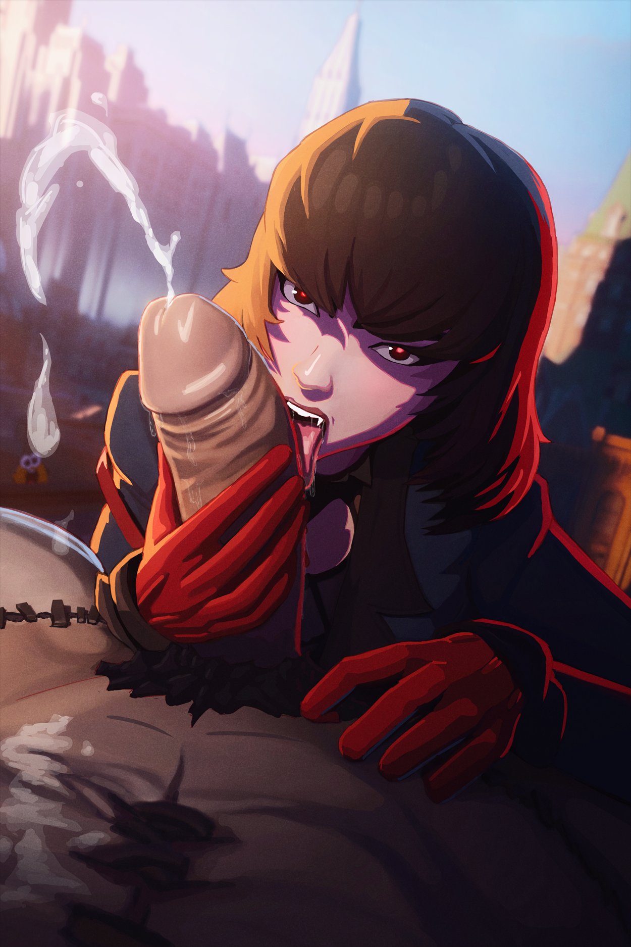 1boy, 1girls, 3d, blender, cum, cumshot, deadlock, fellatio, female, gloved handjob, gloves, handjob, licking penis, looking at viewer, male, male pov, mina (deadlock), mina ha, oral, pov, valve, vampire, vampire girl, victor (deadlock)