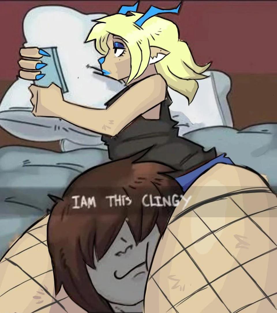 1ambiguous, 1other, ambiguous gender, ambiguous/female, antlers, artist request, bed, black tshirt, blonde female, blonde hair, blue antlers, blue nose, bored, carol holiday, cling, clingy, deer, deer ears, deer girl, deer tail, deltarune, deltarune chapter 4, female, female/ambiguous, fishnets, fur, furry female, girl, grey body, im this clingy (meme), looking at phone, meme, meme caption, meme pose, meme reference, milf, monster, monster girl, monster lady, self insert, thick thighs, thighs, vessel (deltarune), viewer insert, you