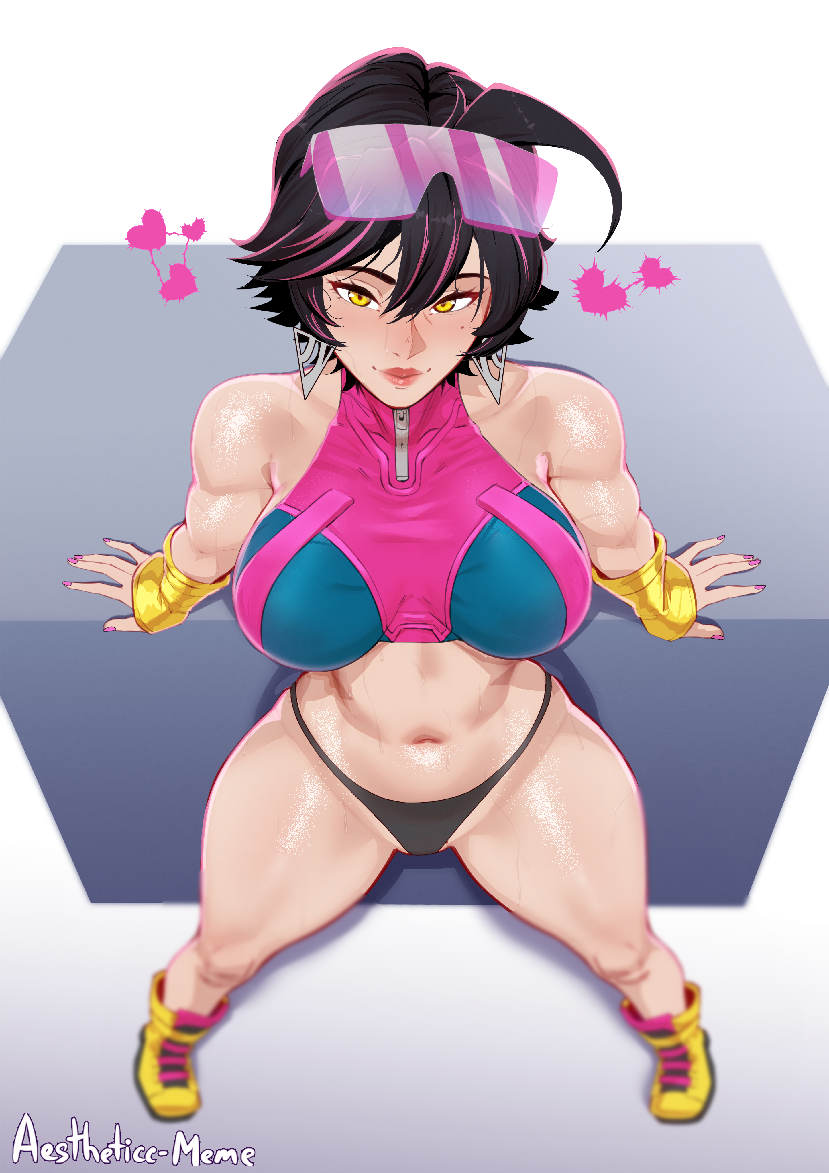 1girls, 2026, 2d, aestheticc-meme, black hair, blender cube, boobs, breasts, earrings, female, female only, female torso, hair, heart, hearts, hi res, highres, huge breasts, human, jubilation lee, jubilee, jubilee (marvel rivals), light skin, light-skinned female, looking at viewer, marvel, marvel rivals, painted nails, short hair, solo, solo female, tagme, thick thighs, thighs, thong, yellow eyes