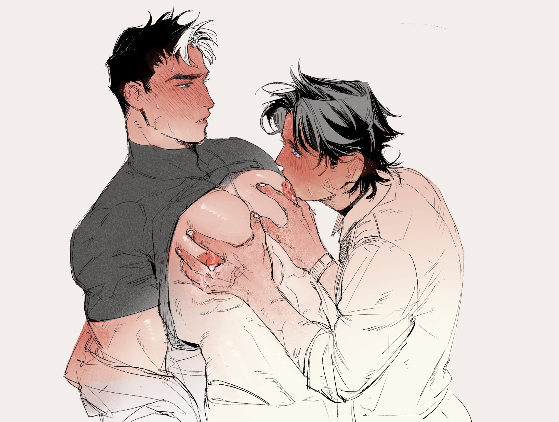 2boys, 2d artwork, adoptive brothers, artist request, bara, bare pectorals, batcest, batman (series), biceps, biseinen, black hair, blush, clothed, clothed male, dc, dc comics, deep skin, dick grayson, exposed nipples, facing each other, flushed, flushed face, gay, groping, jason todd, large pectorals, licking nipple, looking at partner, male, male focus, male only, male/male, muscular, muscular male, nipple fetish, nipples, no visible genitalia, open shirt, pec grab, pec sucking, pecs, pectoral grab, pectorals, puffy nipples, saliva on nipples, shirt lift, shirt rolled up, sucking male nipple, sucking nipples, sucking pecs, sweat, sweating, toned male, veins, veiny hands, veiny neck, white background, yaoi