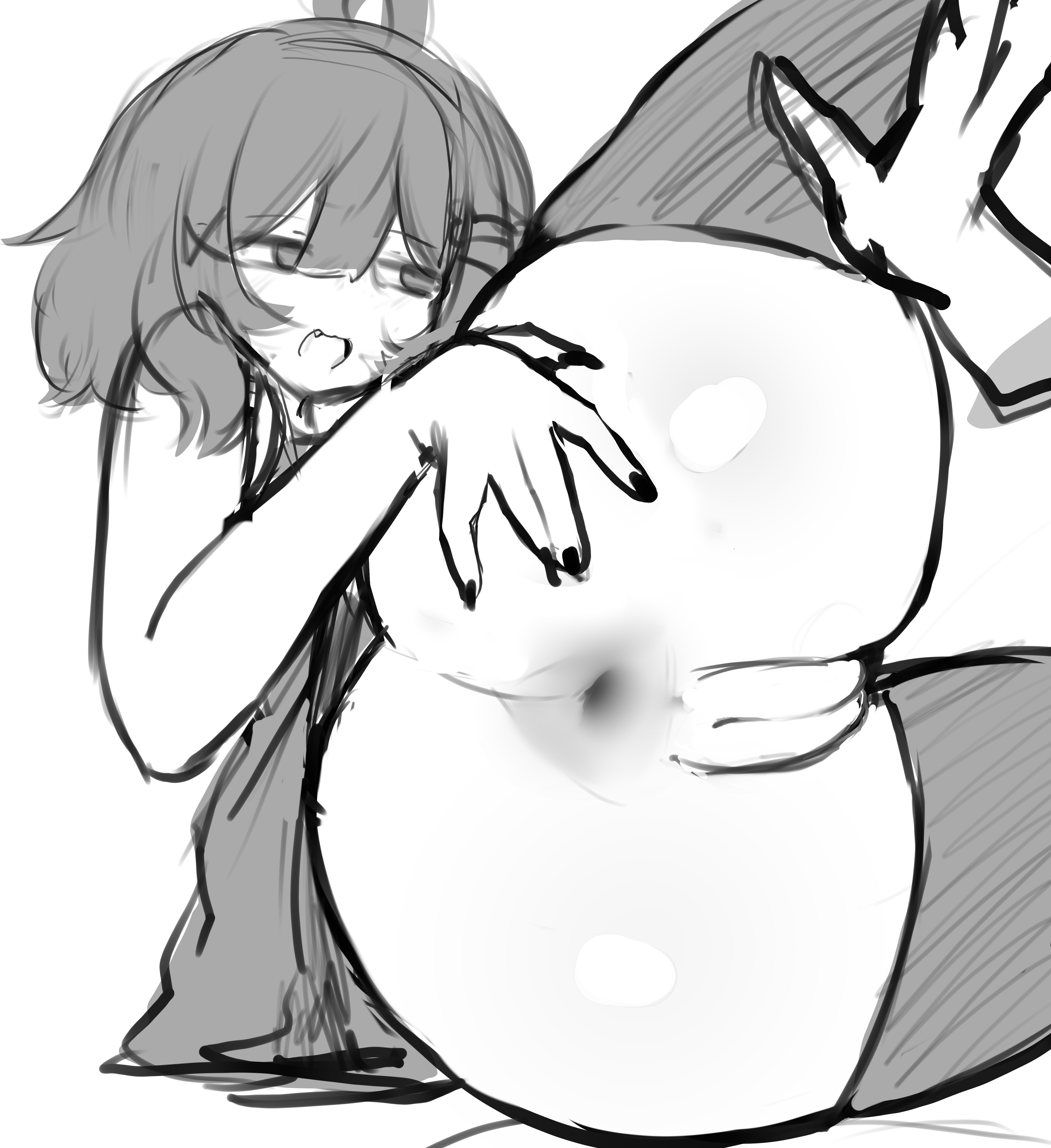 1girls, anus, ass, disembodied hand, female, greyscale, mizu (yourmizuki), monochrome, pussy, pussy lips, solo, tagme, thighhighs, yourmizuki