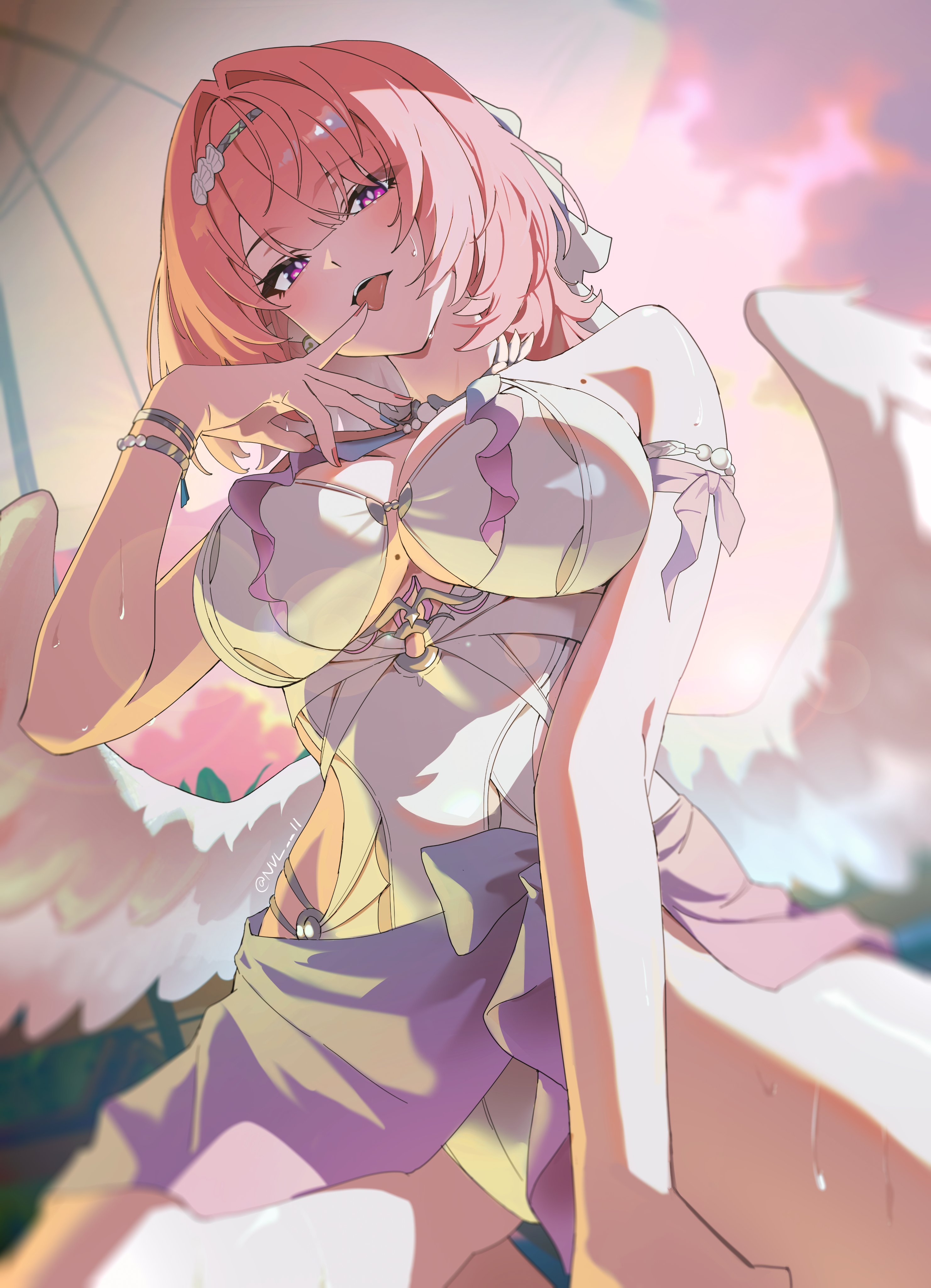1girls, big breasts, breasts, breasts out, colored nails, exposed breasts, female, large breasts, long nails, nvl, official alternate costume, painted nails, pink hair, purple eyes, remielle (zenless zone zero), remielle dan, short hair, swimsuit, white swimsuit, white wings, wings, zenless zone zero