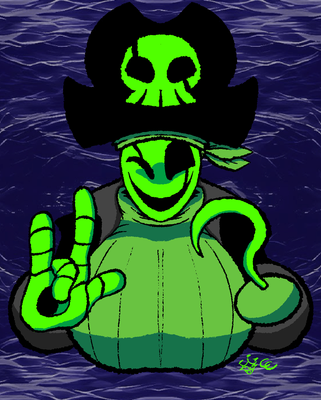 big breasts, deltarune, fem gaster, gaster, genderbend, genderswap, genderswap (mtf), green body, green clothing, green skin, hook, hook hand, pirate, pirate girl, pirate hat, undertale, undertale (series)