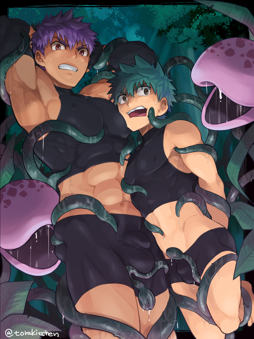 2020 bulge crop_top cute_male duo ebitendon elemental_creature flora_fauna fondling forced genital_outline green_hair hair human male male/male mammal open_mouth penis_outline plant purple_hair rape restrained tentacle tentacle_rape tentacle_sex torakichi_(ebitendon) torakitchen