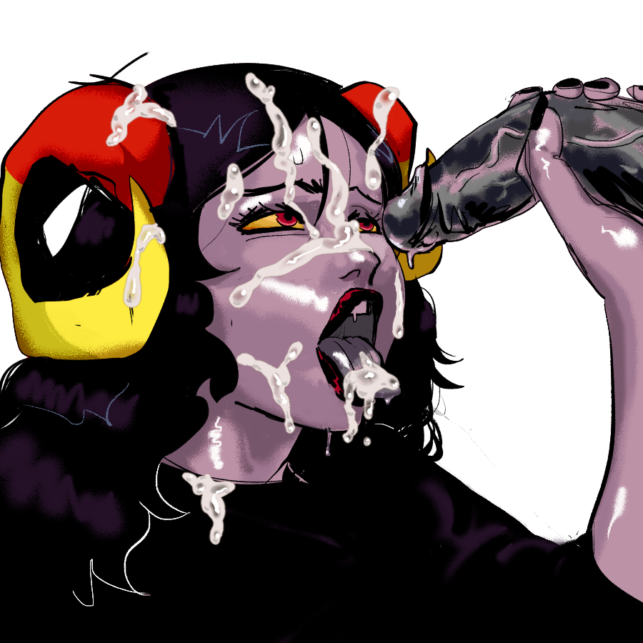 1boy 1girls 2021 aradia_megido black_hair black_nails clothing cum cum_in_hair cum_in_mouth cum_on_face grey_skin handjob homestuck horns long_hair lysanthum ms_paint_adventures naked open_mouth red_eyes red_lipstick straight sweat tongue tongue_out troll white_background